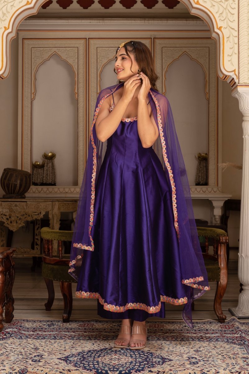 GULABI GALIYAN RIMJHIM PURPLE EMBROIDERY TAFFETA SILK ANARKALI SET WITH SOFT NET DUPATTA - Pomcha Jaipur