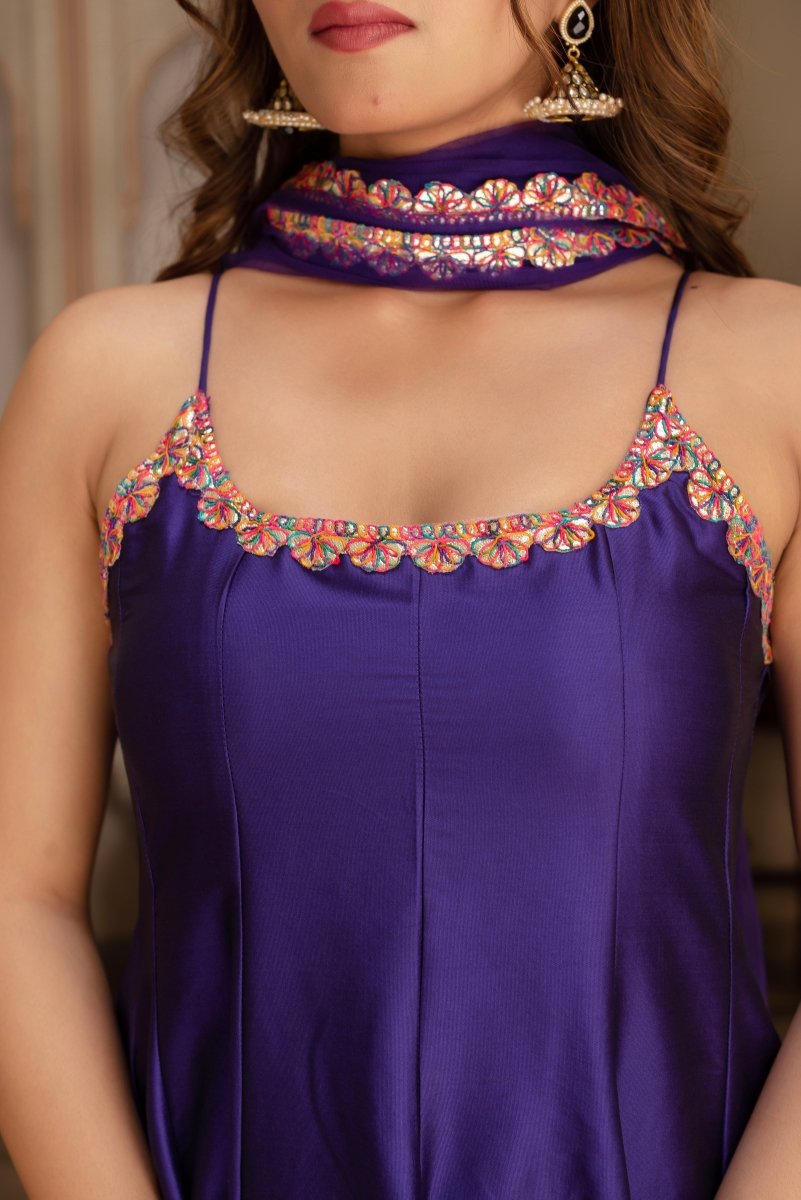 GULABI GALIYAN RIMJHIM PURPLE EMBROIDERY TAFFETA SILK ANARKALI SET WITH SOFT NET DUPATTA - Pomcha Jaipur