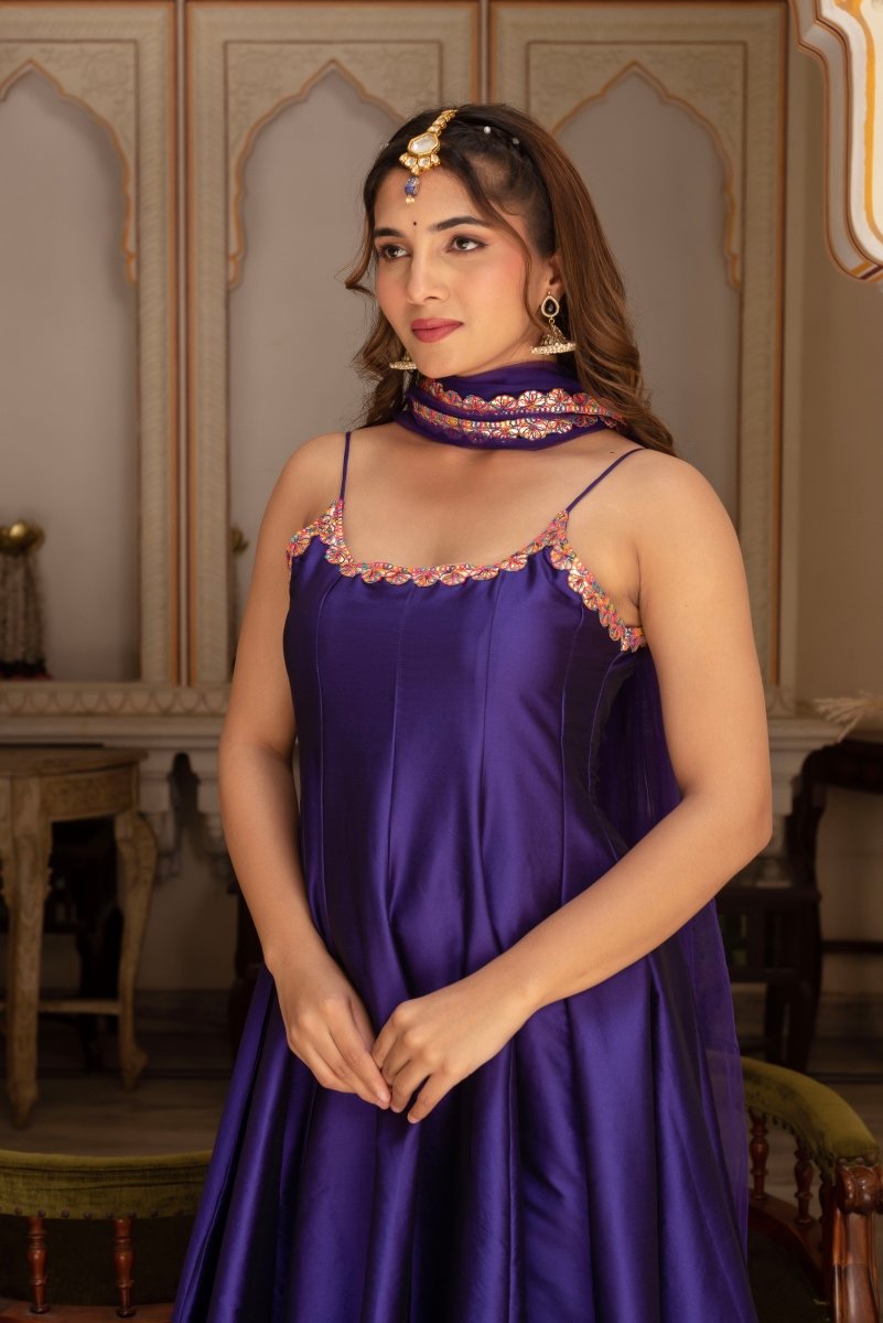 GULABI GALIYAN RIMJHIM PURPLE EMBROIDERY TAFFETA SILK ANARKALI SET WITH SOFT NET DUPATTA - Pomcha Jaipur