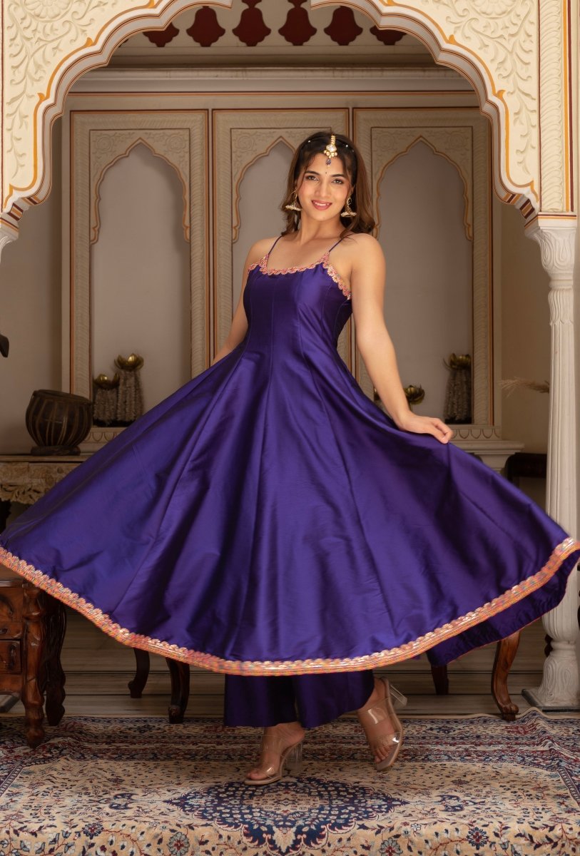 GULABI GALIYAN RIMJHIM PURPLE EMBROIDERY TAFFETA SILK ANARKALI SET WITH SOFT NET DUPATTA - Pomcha Jaipur