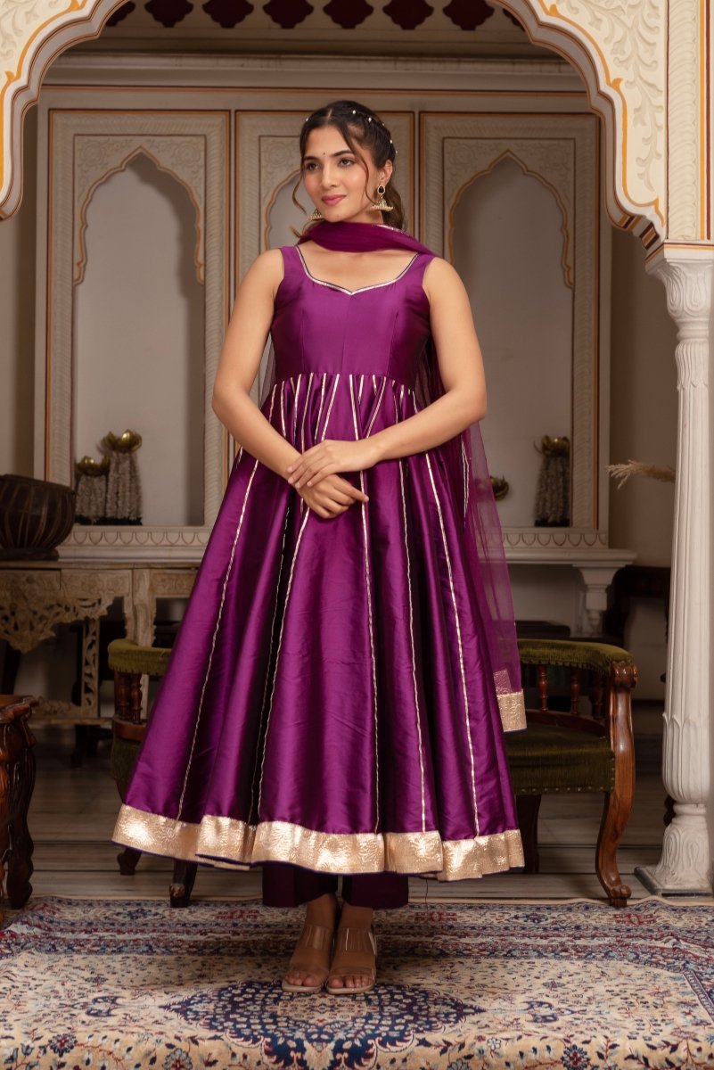 GULABI GALIYAN SEERAT PLUM TAFFETA GOTA PATTI ANARKALI SET WITH SOFT NET DUPATTA - Pomcha Jaipur