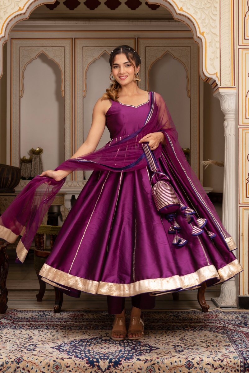 GULABI GALIYAN SEERAT PLUM TAFFETA GOTA PATTI ANARKALI SET WITH SOFT NET DUPATTA - Pomcha Jaipur