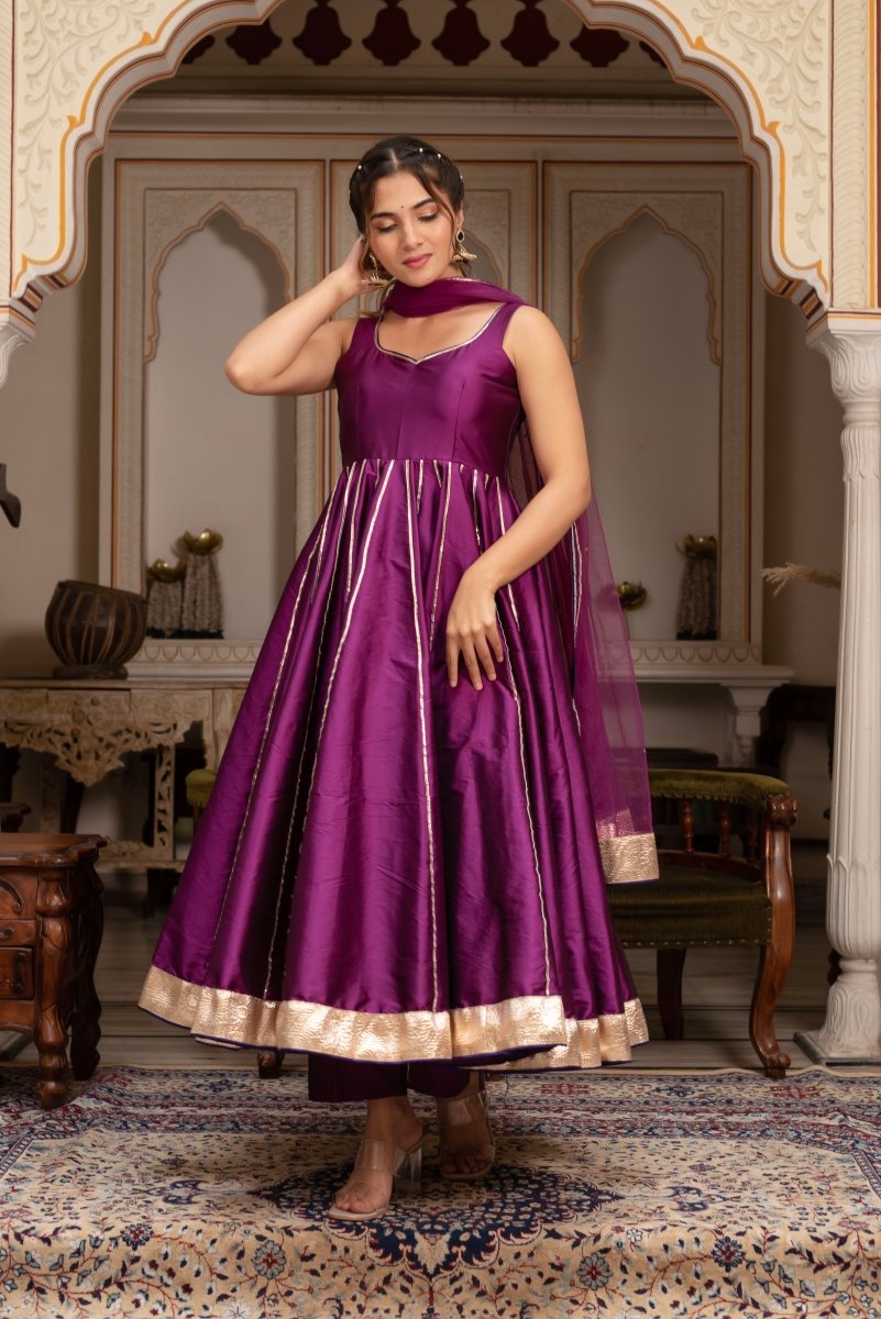 GULABI GALIYAN SEERAT PLUM TAFFETA GOTA PATTI ANARKALI SET WITH SOFT NET DUPATTA - Pomcha Jaipur