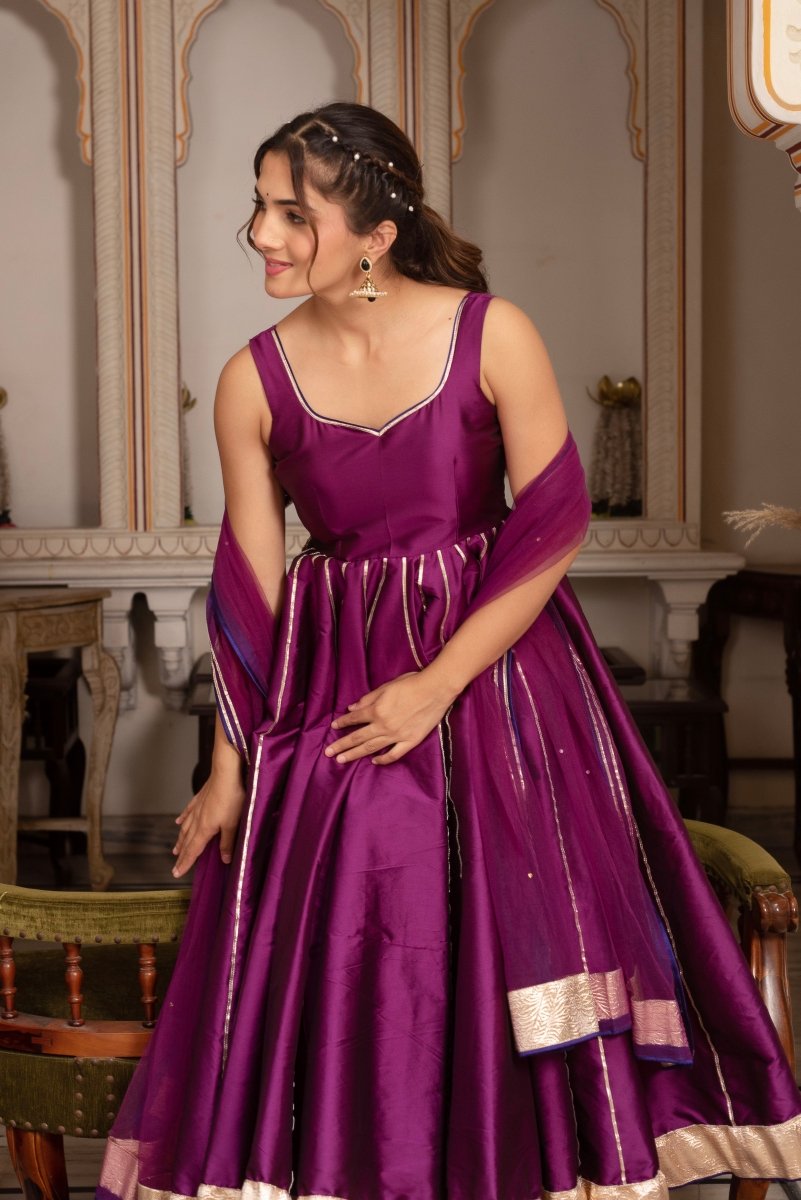 GULABI GALIYAN SEERAT PLUM TAFFETA GOTA PATTI ANARKALI SET WITH SOFT NET DUPATTA - Pomcha Jaipur