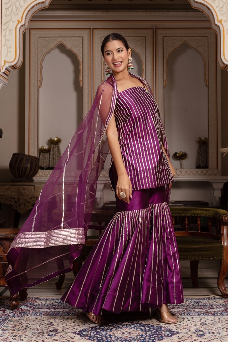 GULABI GALIYAN SEERAT PLUM TAFFETA SILK GOTA PATTI SHARARA SET WITH SOFT NET DUPATTA - Pomcha Jaipur