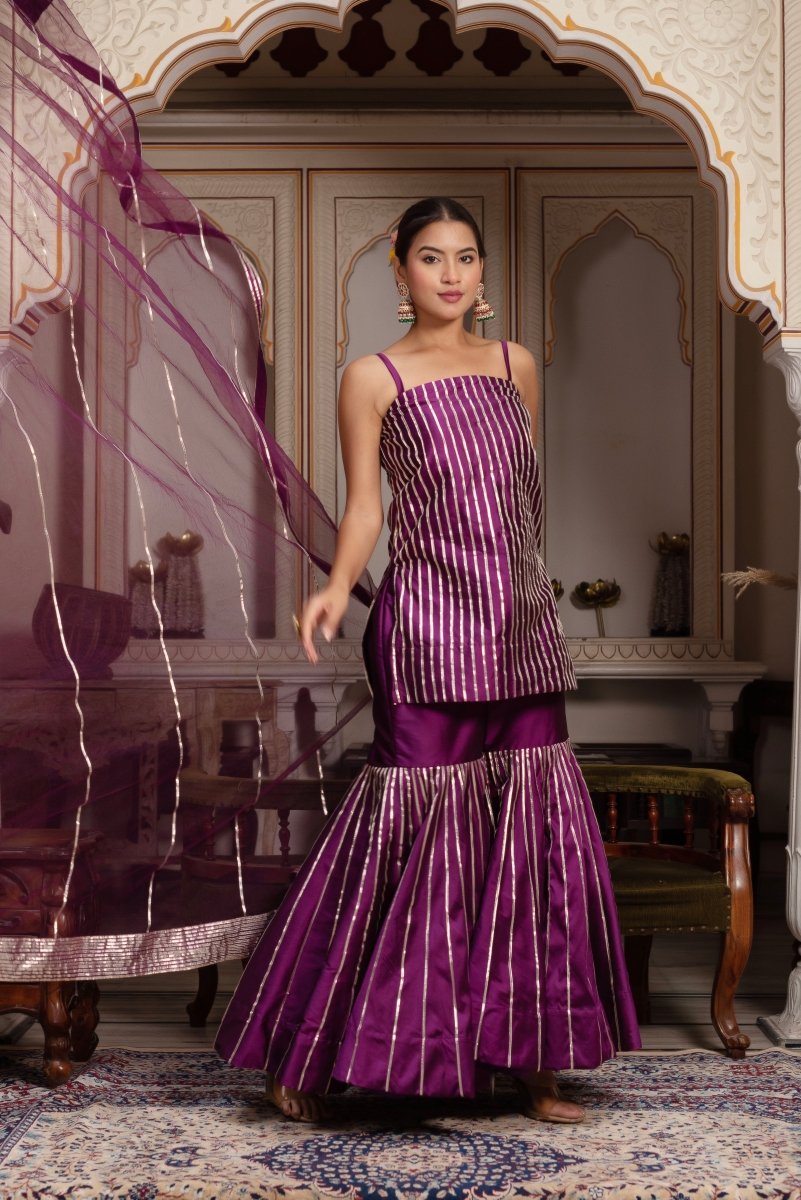 GULABI GALIYAN SEERAT PLUM TAFFETA SILK GOTA PATTI SHARARA SET WITH SOFT NET DUPATTA - Pomcha Jaipur