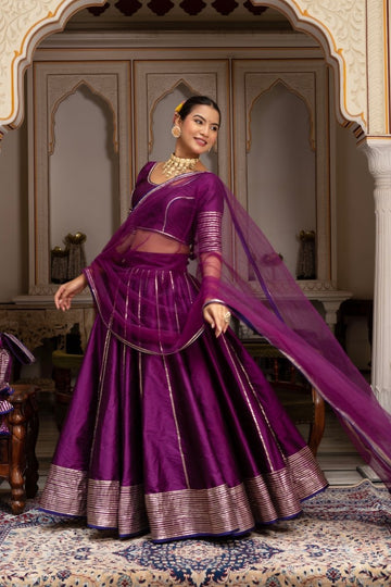 GULABI GALYIAN SEERAT PLUM TAFFETA SILK GOTA PATTI LEHENGA SET WITH SOFT NET DUPATTA - Pomcha Jaipur