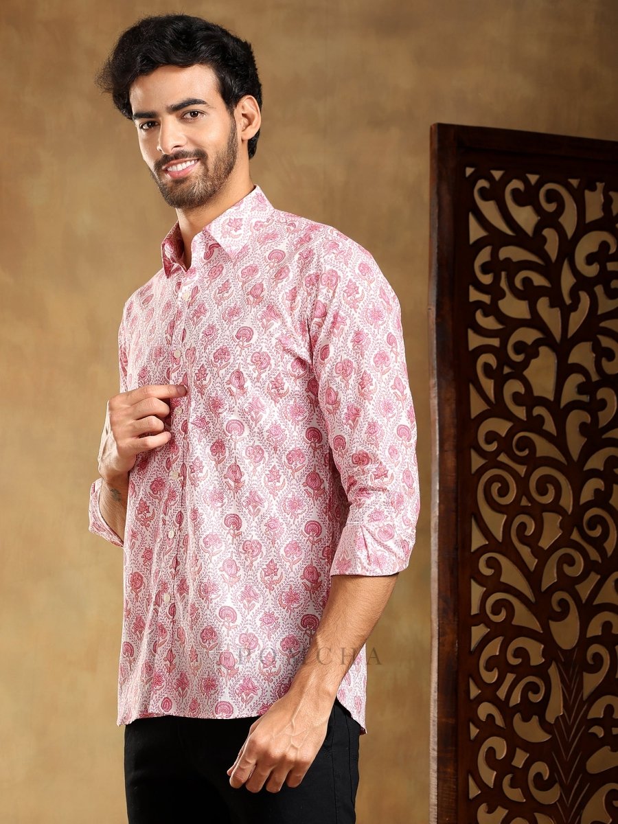 GULABI PHOOL COTTON HAND BLOCK SHIRT - Pomcha Jaipur