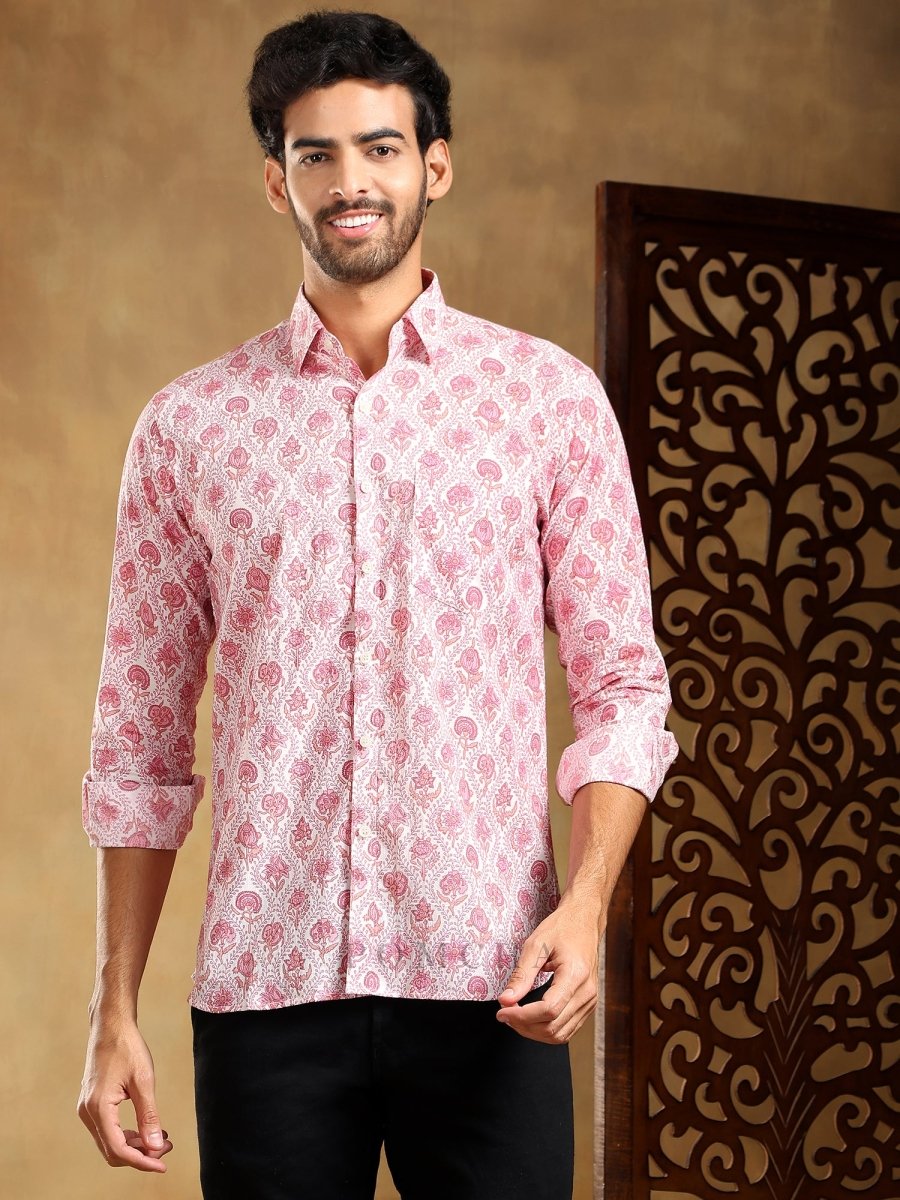 GULABI PHOOL COTTON HAND BLOCK SHIRT - Pomcha Jaipur