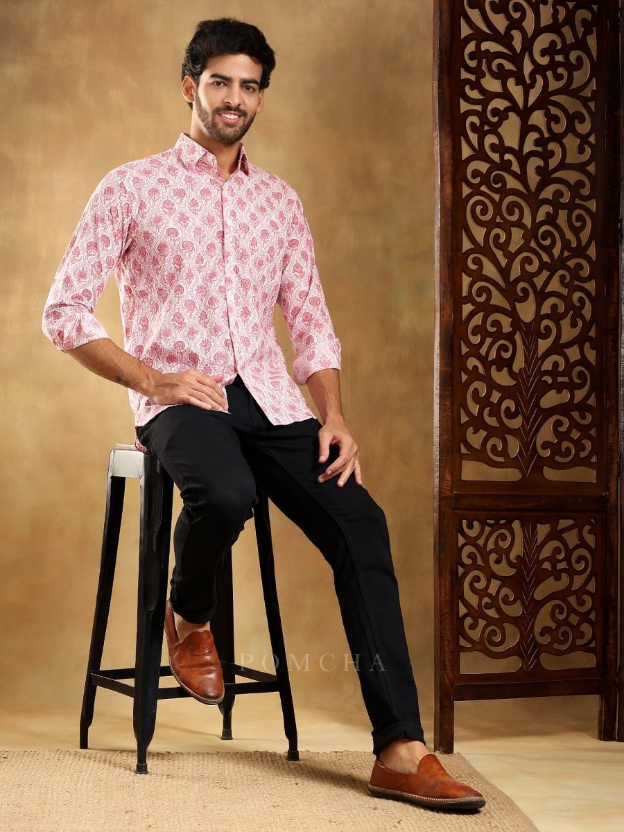 GULABI PHOOL COTTON HAND BLOCK SHIRT - Pomcha Jaipur