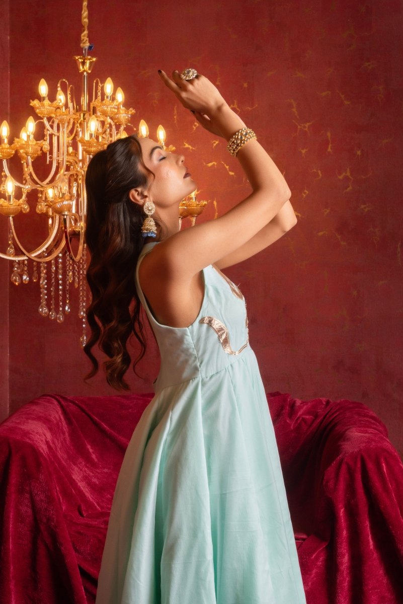 GULFIZAN AQUA BLUE ORGANZA GOTTA PATI ANARKALI SUIT SETS WITH ORGANZA DUPATTA - Pomcha Jaipur