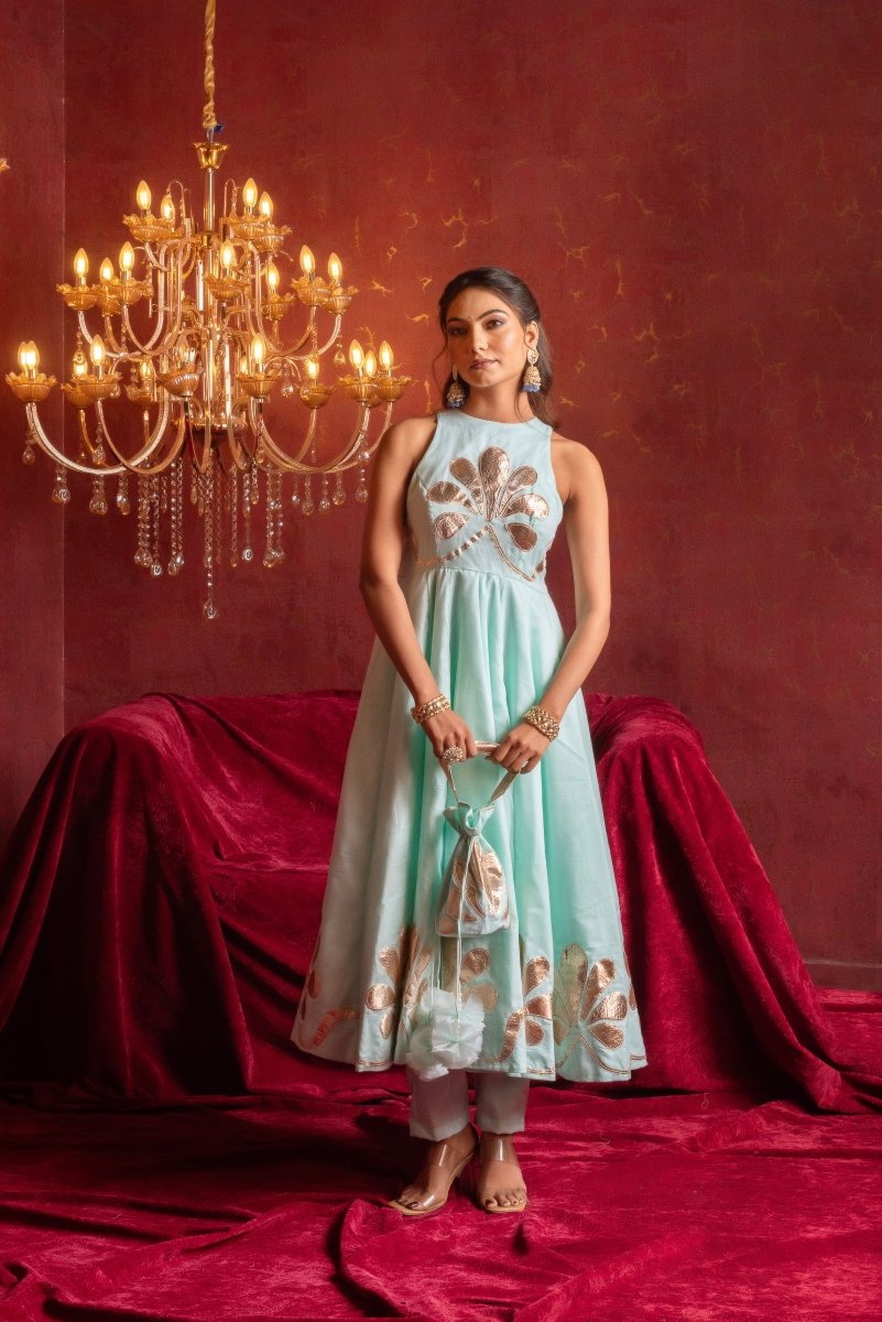 GULFIZAN AQUA BLUE ORGANZA GOTTA PATI ANARKALI SUIT SETS WITH ORGANZA DUPATTA - Pomcha Jaipur