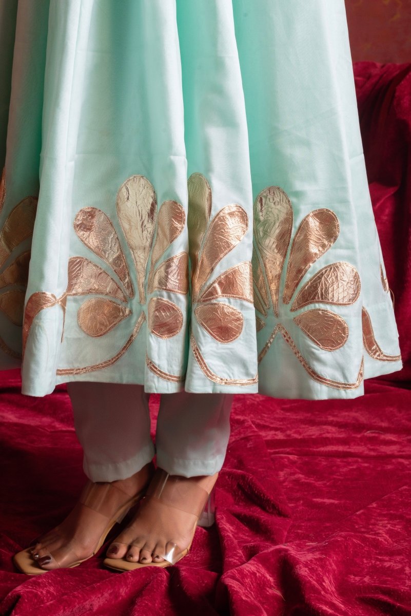 GULFIZAN AQUA BLUE ORGANZA GOTTA PATI ANARKALI SUIT SETS WITH ORGANZA DUPATTA - Pomcha Jaipur