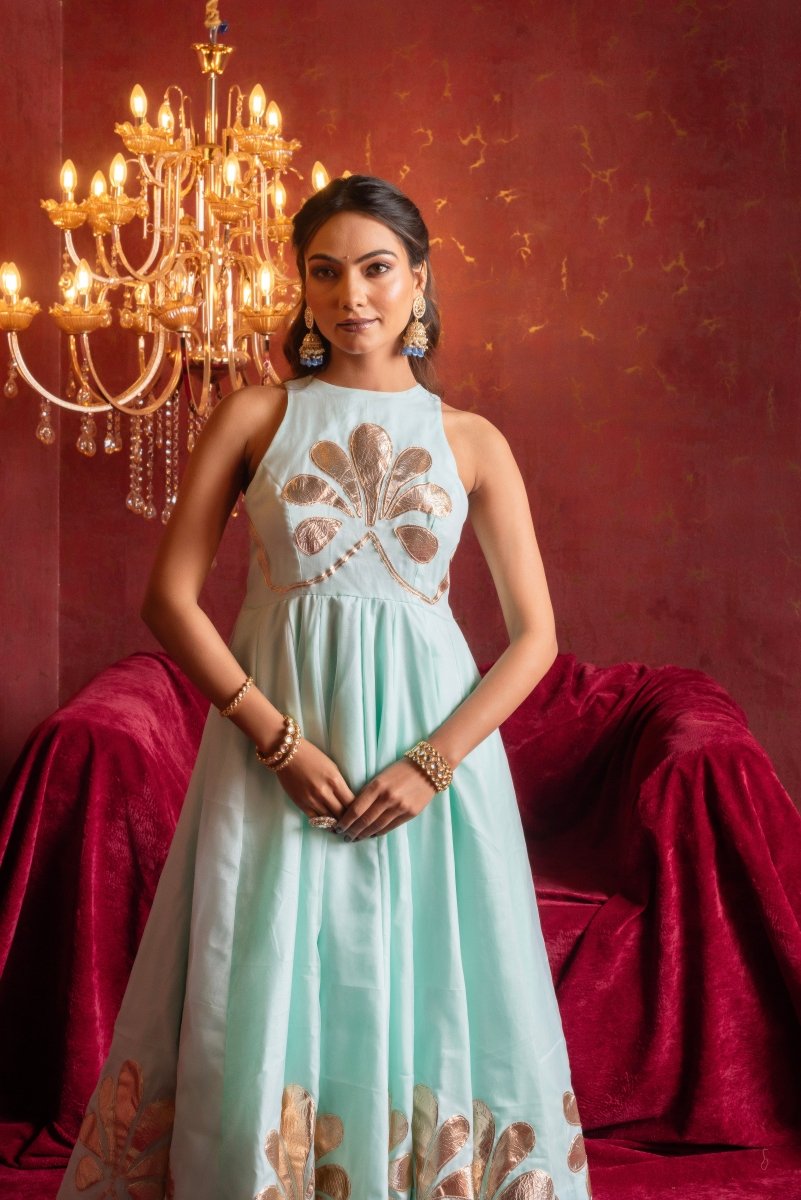 GULFIZAN AQUA BLUE ORGANZA GOTTA PATI ANARKALI SUIT SETS WITH ORGANZA DUPATTA - Pomcha Jaipur