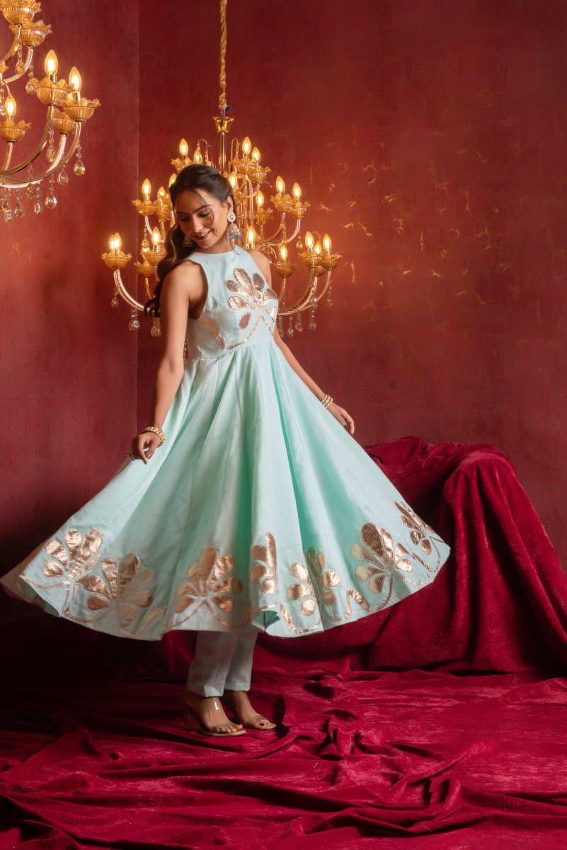 GULFIZAN AQUA BLUE ORGANZA GOTTA PATI ANARKALI SUIT SETS WITH ORGANZA DUPATTA - Pomcha Jaipur