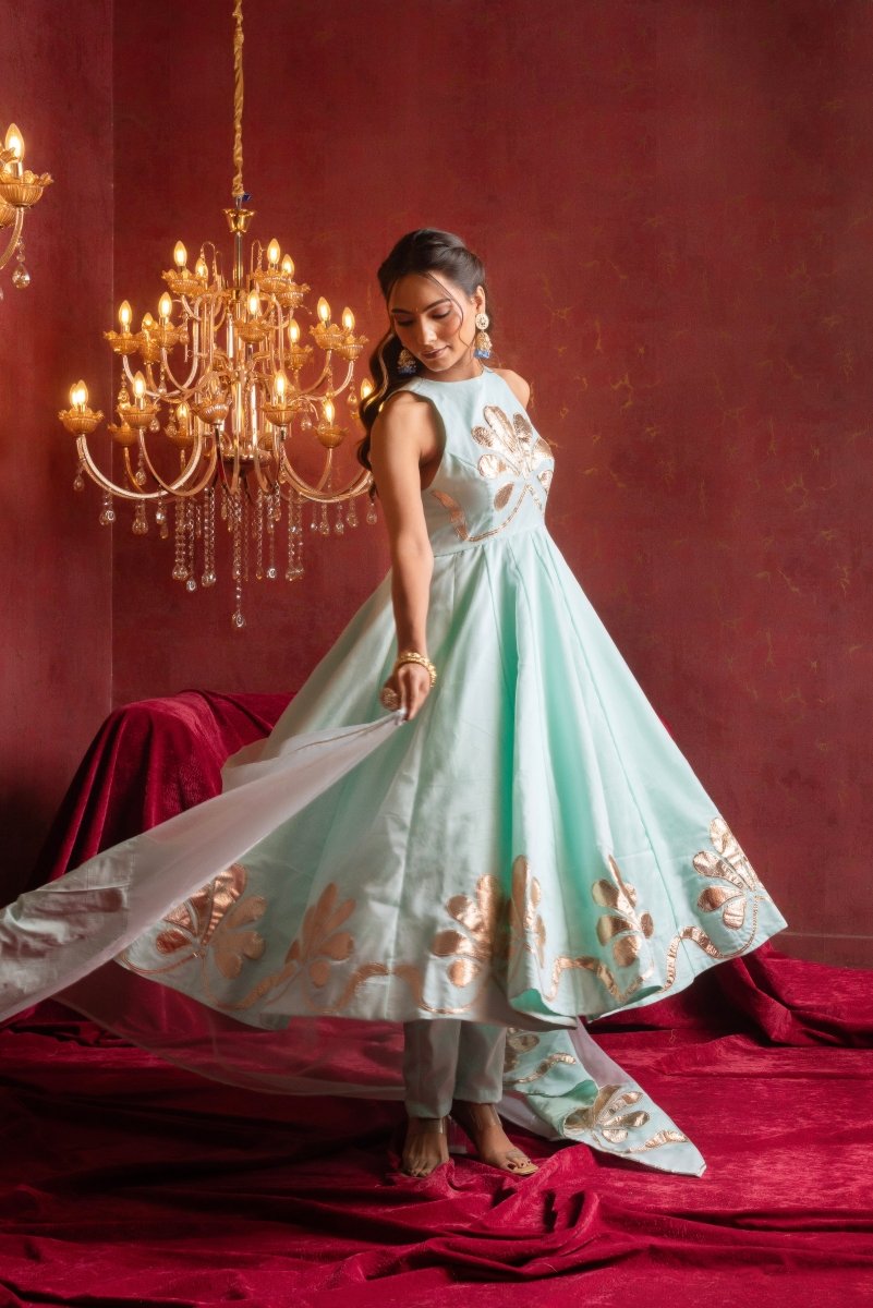 GULFIZAN AQUA BLUE ORGANZA GOTTA PATI ANARKALI SUIT SETS WITH ORGANZA DUPATTA - Pomcha Jaipur
