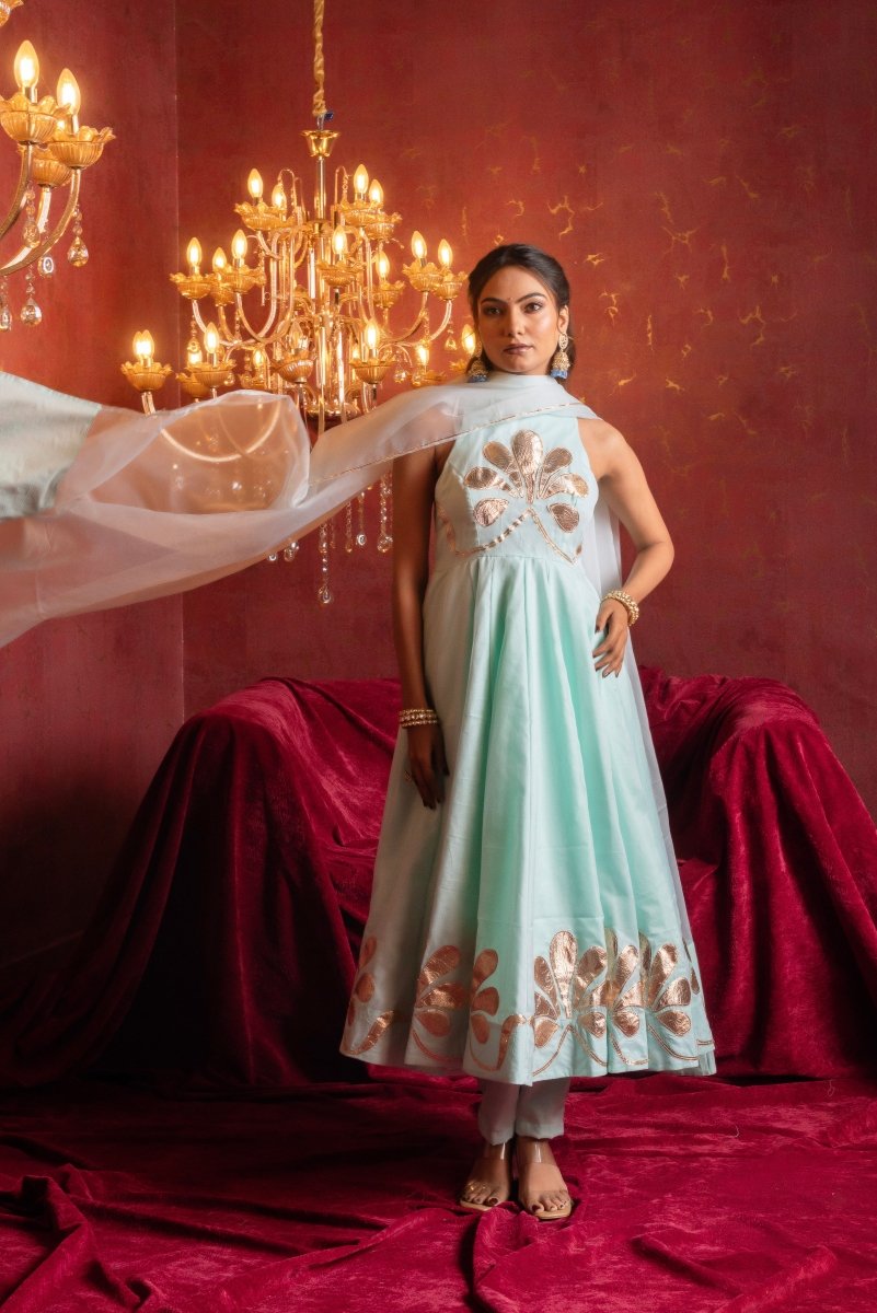 GULFIZAN AQUA BLUE ORGANZA GOTTA PATI ANARKALI SUIT SETS WITH ORGANZA DUPATTA - Pomcha Jaipur