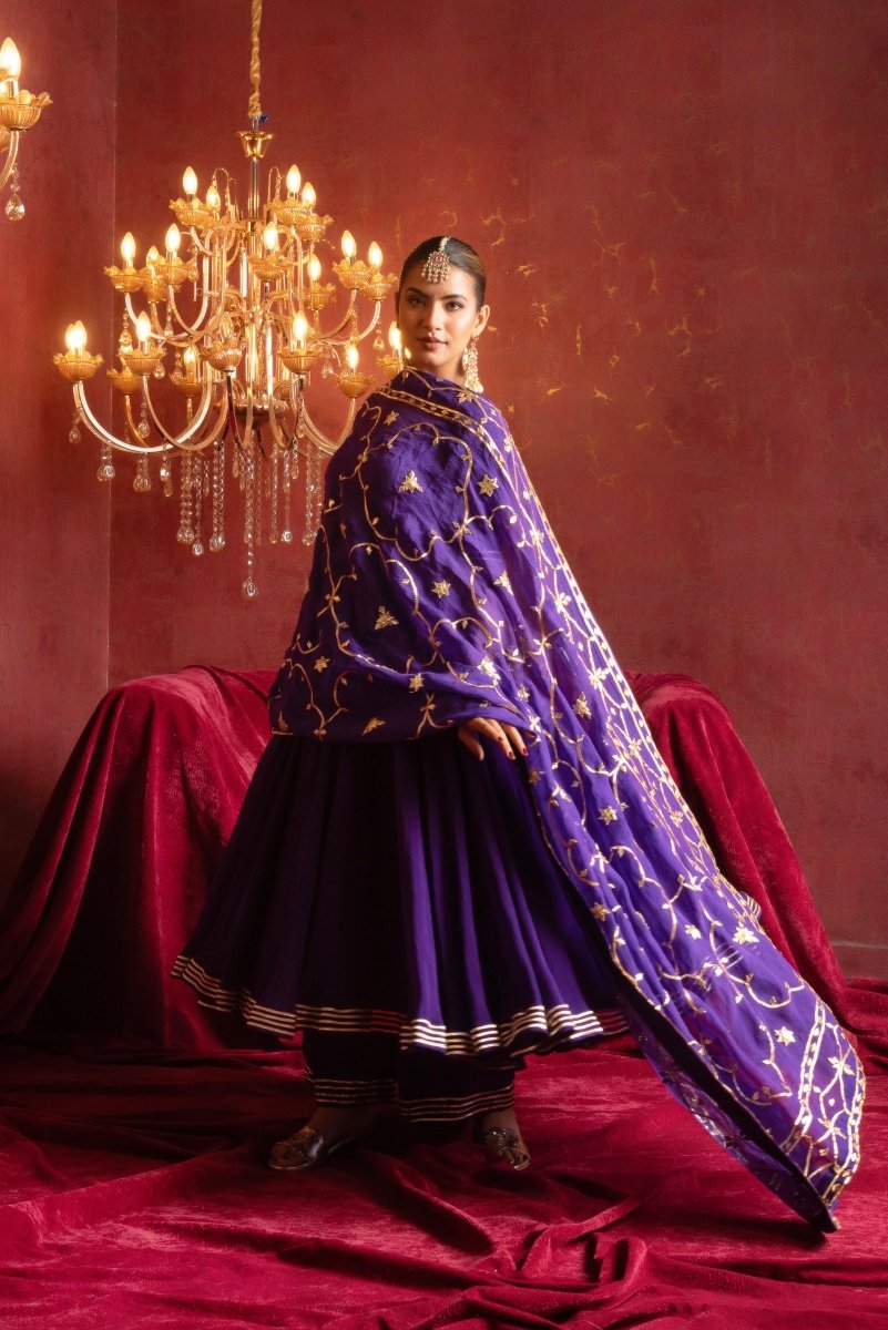 GULFIZAN BAINGANI RADIANT ORGANZA ANARKALI SETS WITH HEAVY GOTA WORK DUPATTA - Pomcha Jaipur