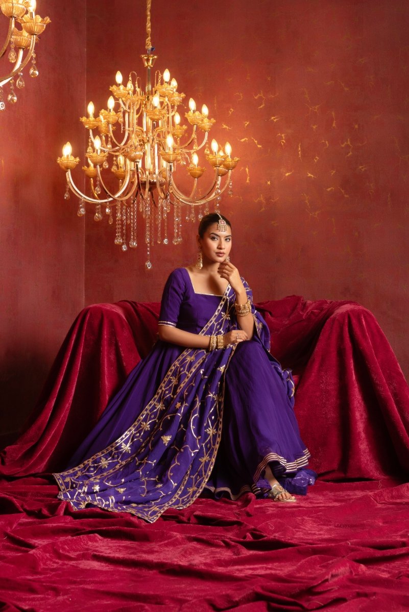 GULFIZAN BAINGANI RADIANT ORGANZA ANARKALI SETS WITH HEAVY GOTA WORK DUPATTA - Pomcha Jaipur