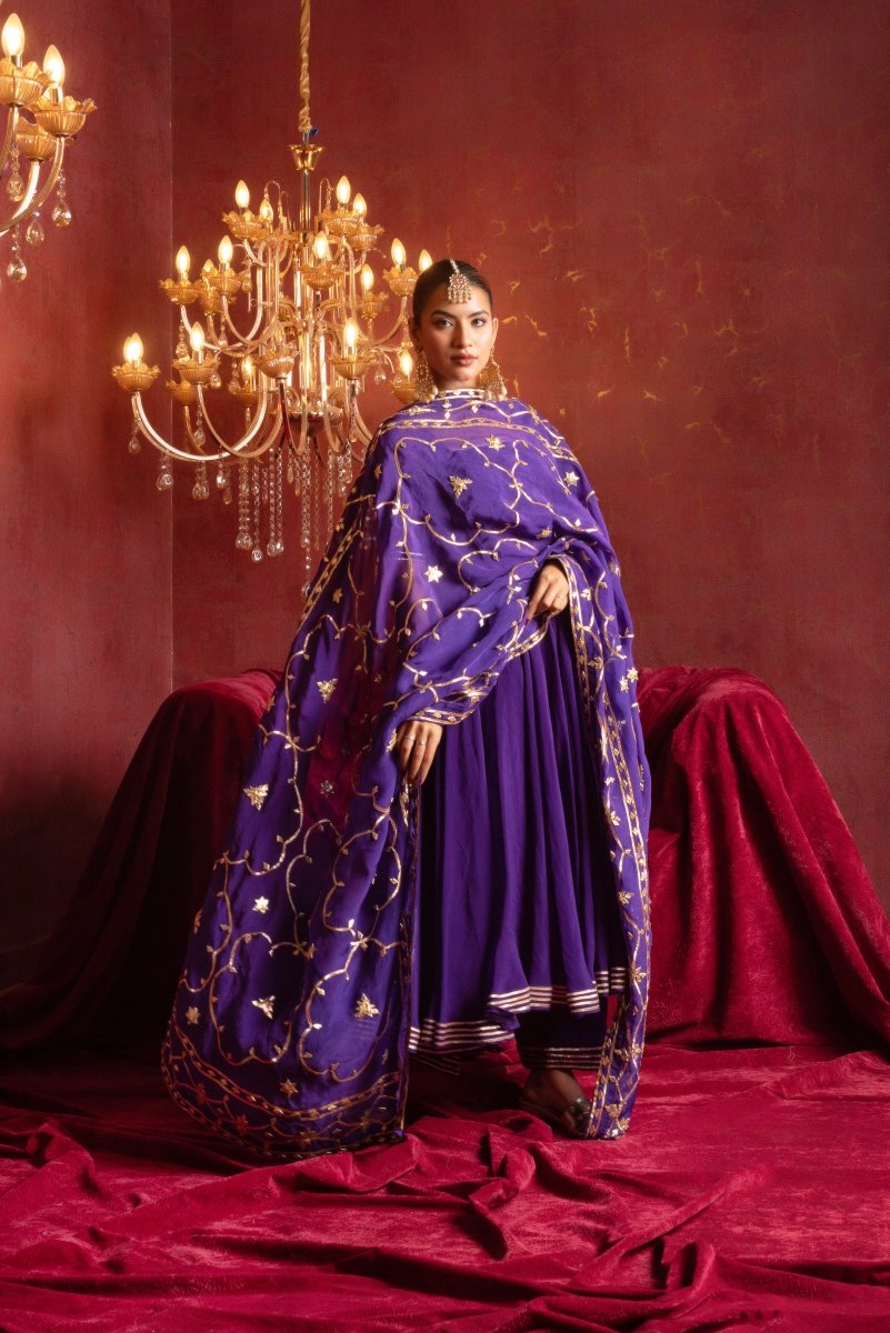 GULFIZAN BAINGANI RADIANT ORGANZA ANARKALI SETS WITH HEAVY GOTA WORK DUPATTA - Pomcha Jaipur