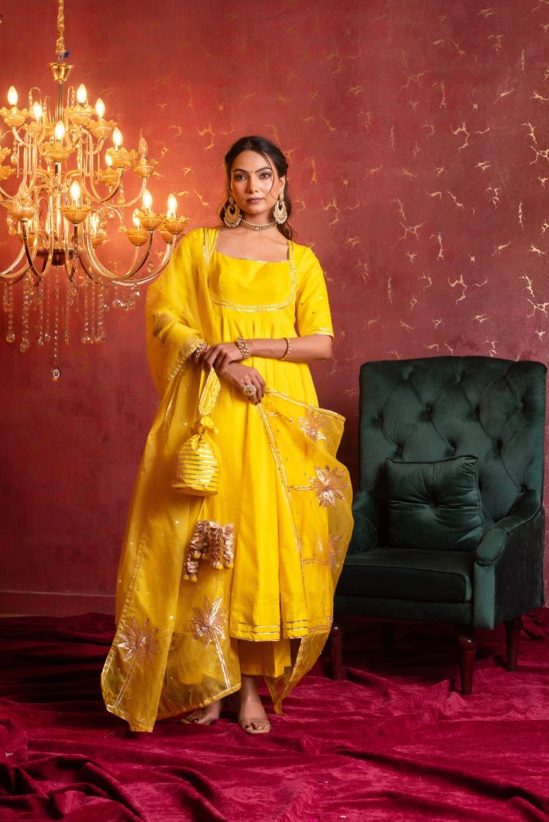 GULFIZAN BASANTI PEELA ORGANZA GOTA-PATTI ANARKALI SUIT SET WITH ORGANZA DUPATTA - Pomcha Jaipur