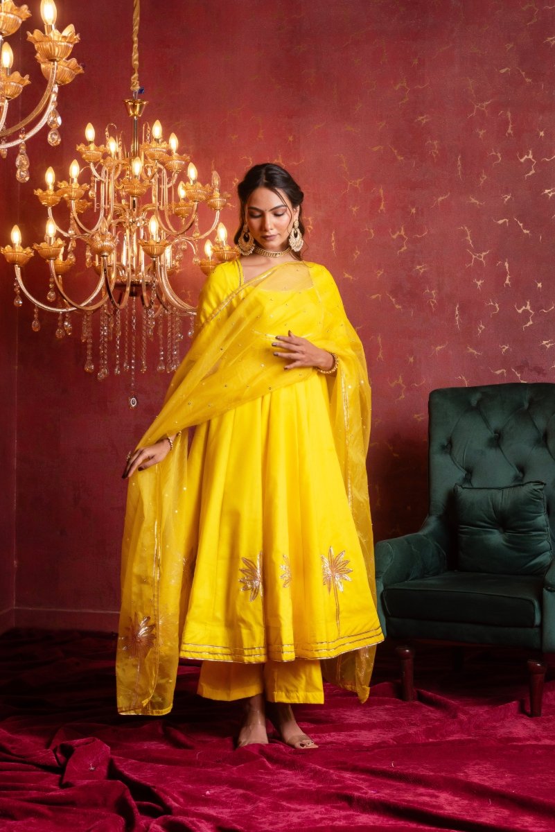 GULFIZAN BASANTI PEELA ORGANZA GOTA-PATTI ANARKALI SUIT SET WITH ORGANZA DUPATTA - Pomcha Jaipur