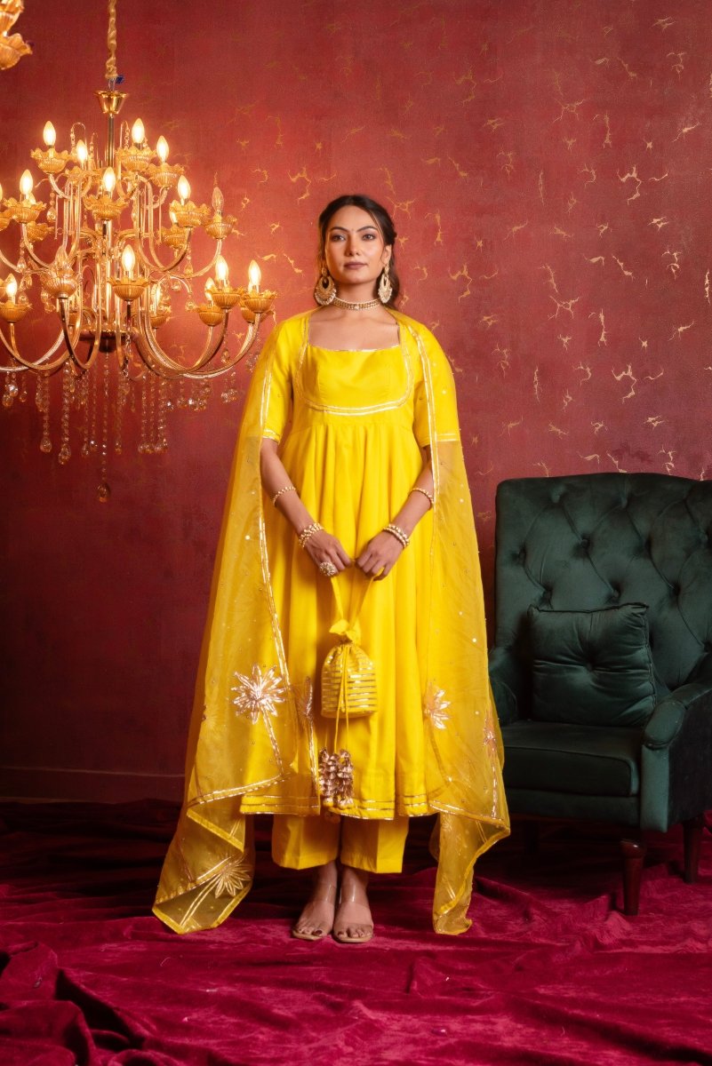 GULFIZAN BASANTI PEELA ORGANZA GOTA-PATTI ANARKALI SUIT SET WITH ORGANZA DUPATTA - Pomcha Jaipur