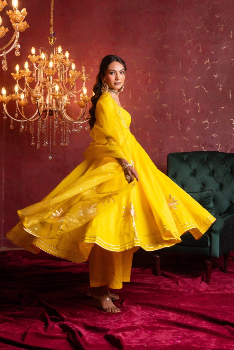 GULFIZAN BASANTI PEELA ORGANZA GOTA-PATTI ANARKALI SUIT SET WITH ORGANZA DUPATTA - Pomcha Jaipur