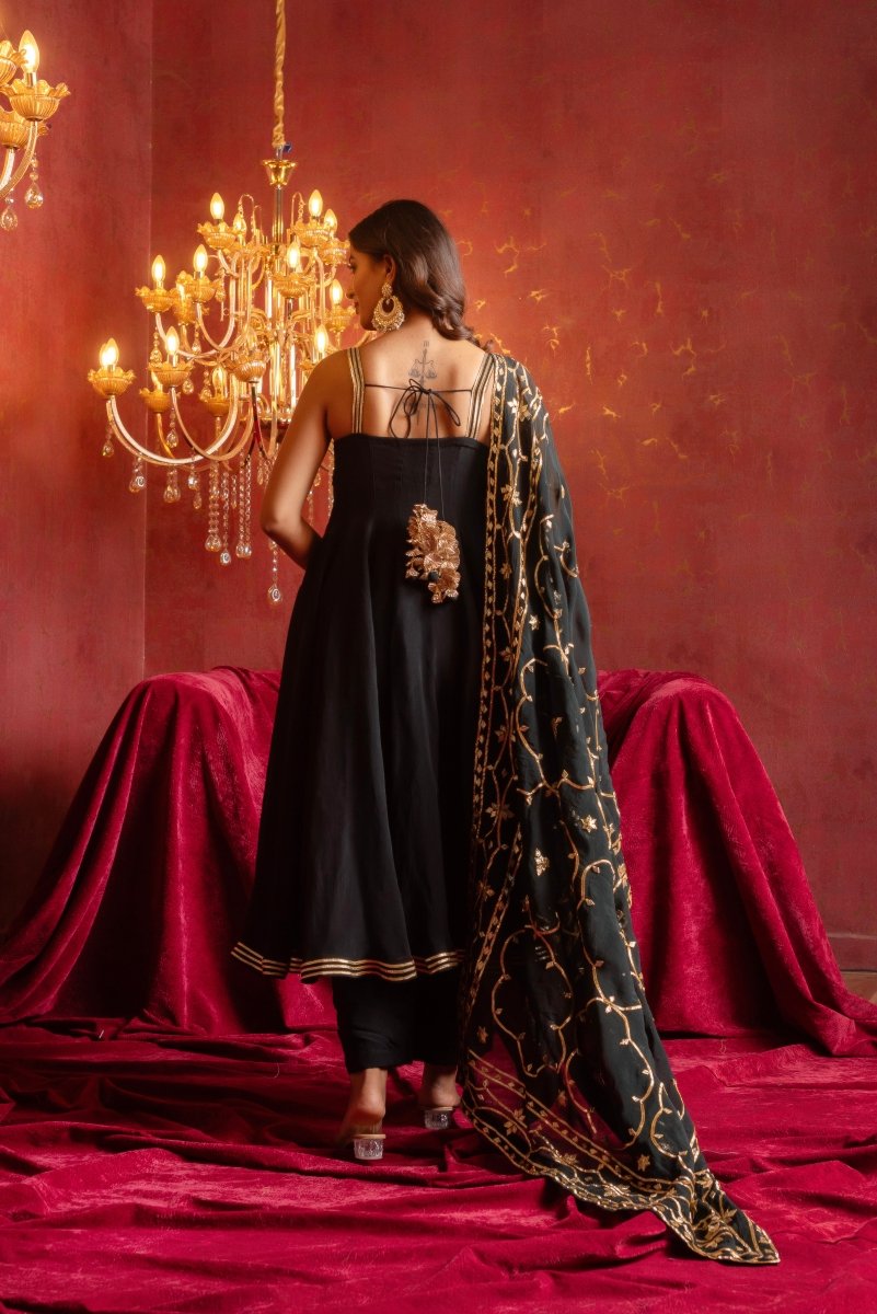 GULFIZAN BLACK BUSTIER NAKHRA ORGANZA ANARKALI SUIT SET WITH HEAVY GOTA PATIWORK DUPATTA - Pomcha Jaipur
