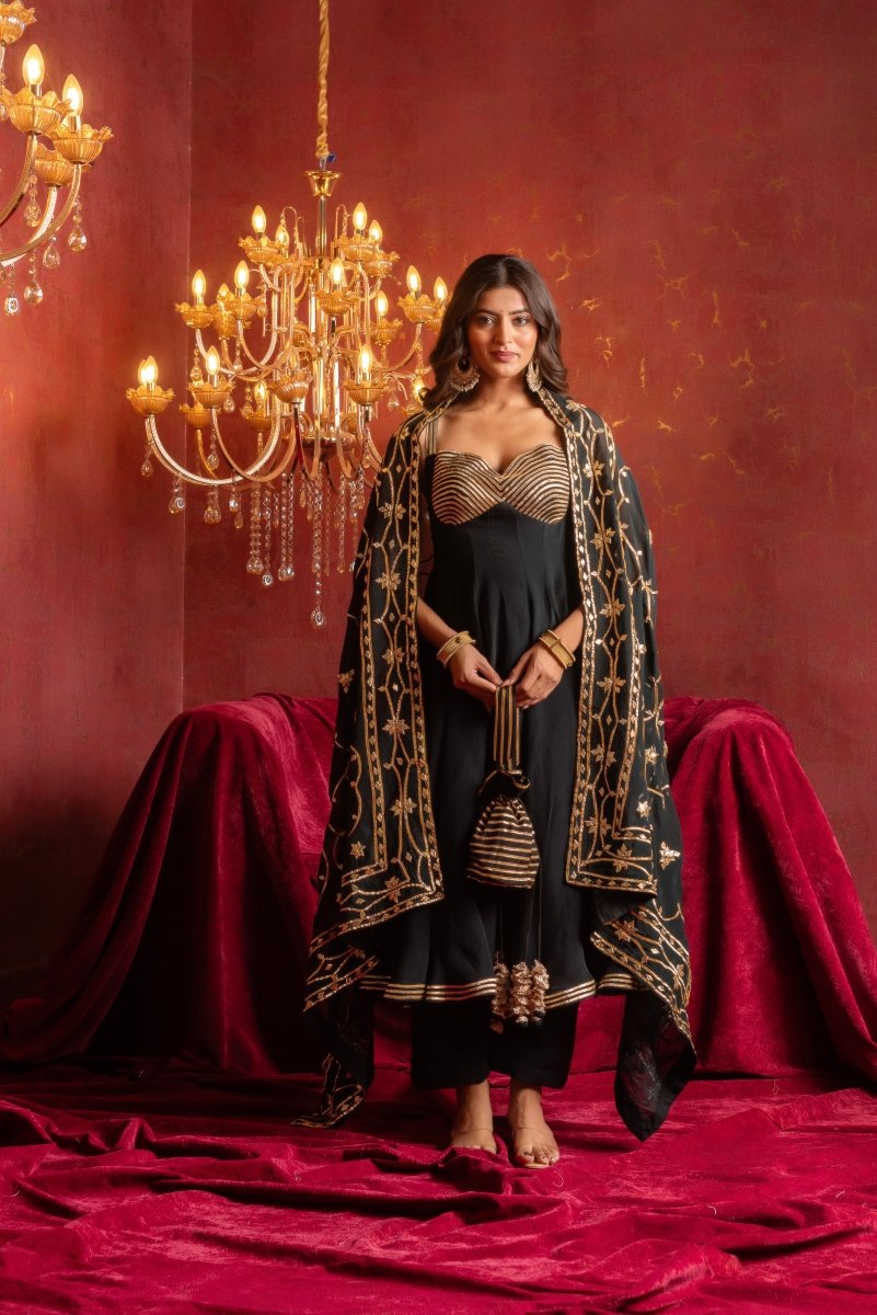 GULFIZAN BLACK BUSTIER NAKHRA ORGANZA ANARKALI SUIT SET WITH HEAVY GOTA PATIWORK DUPATTA - Pomcha Jaipur