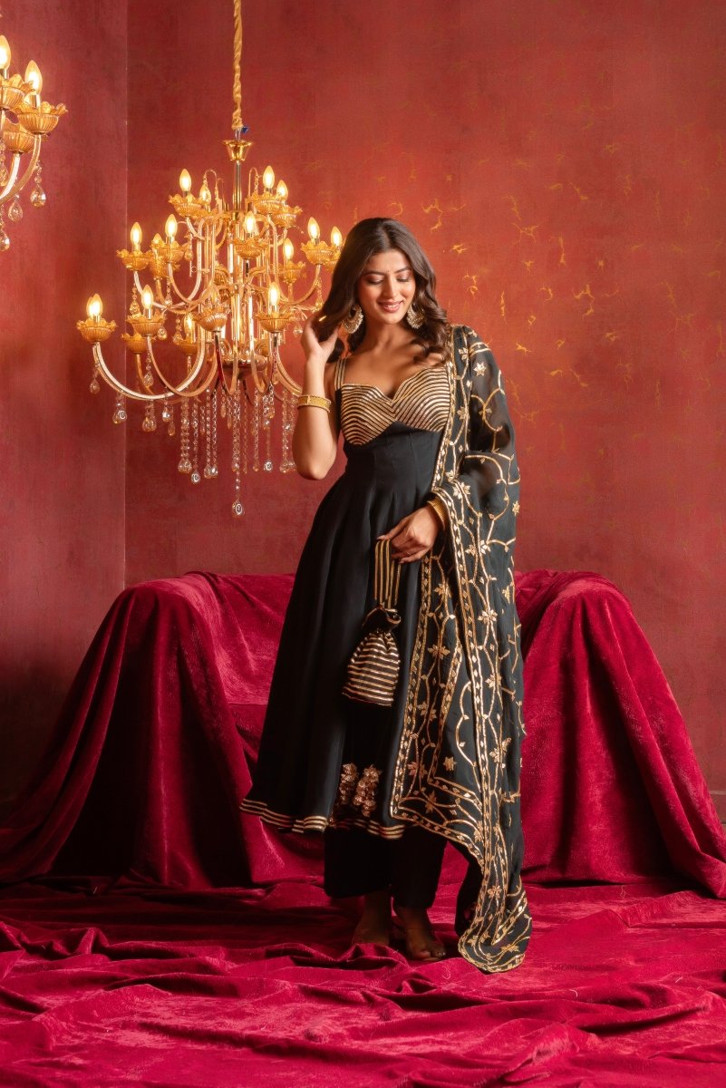 GULFIZAN BLACK BUSTIER NAKHRA ORGANZA ANARKALI SUIT SET WITH HEAVY GOTA PATIWORK DUPATTA - Pomcha Jaipur