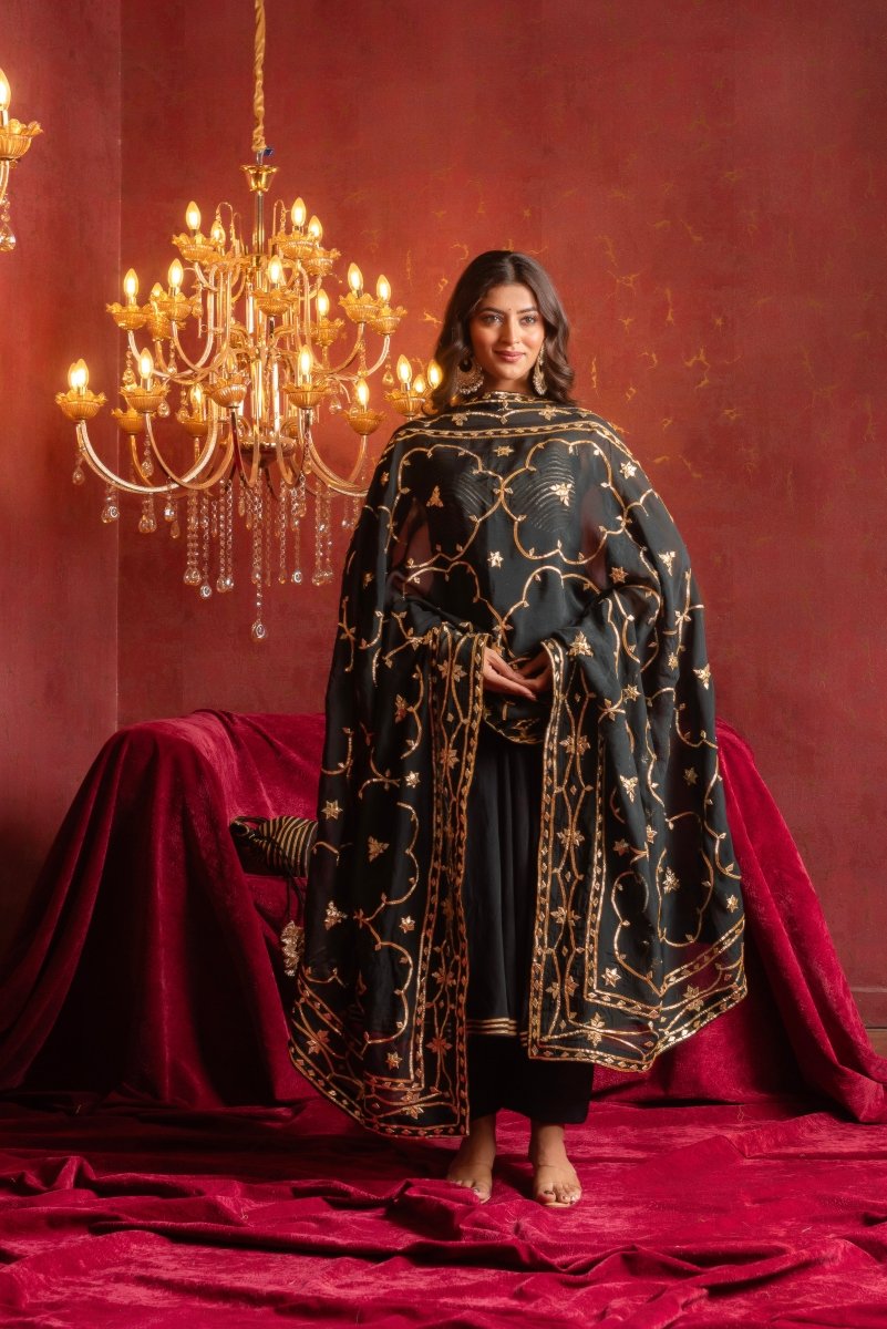 GULFIZAN BLACK BUSTIER NAKHRA ORGANZA ANARKALI SUIT SET WITH HEAVY GOTA PATIWORK DUPATTA - Pomcha Jaipur