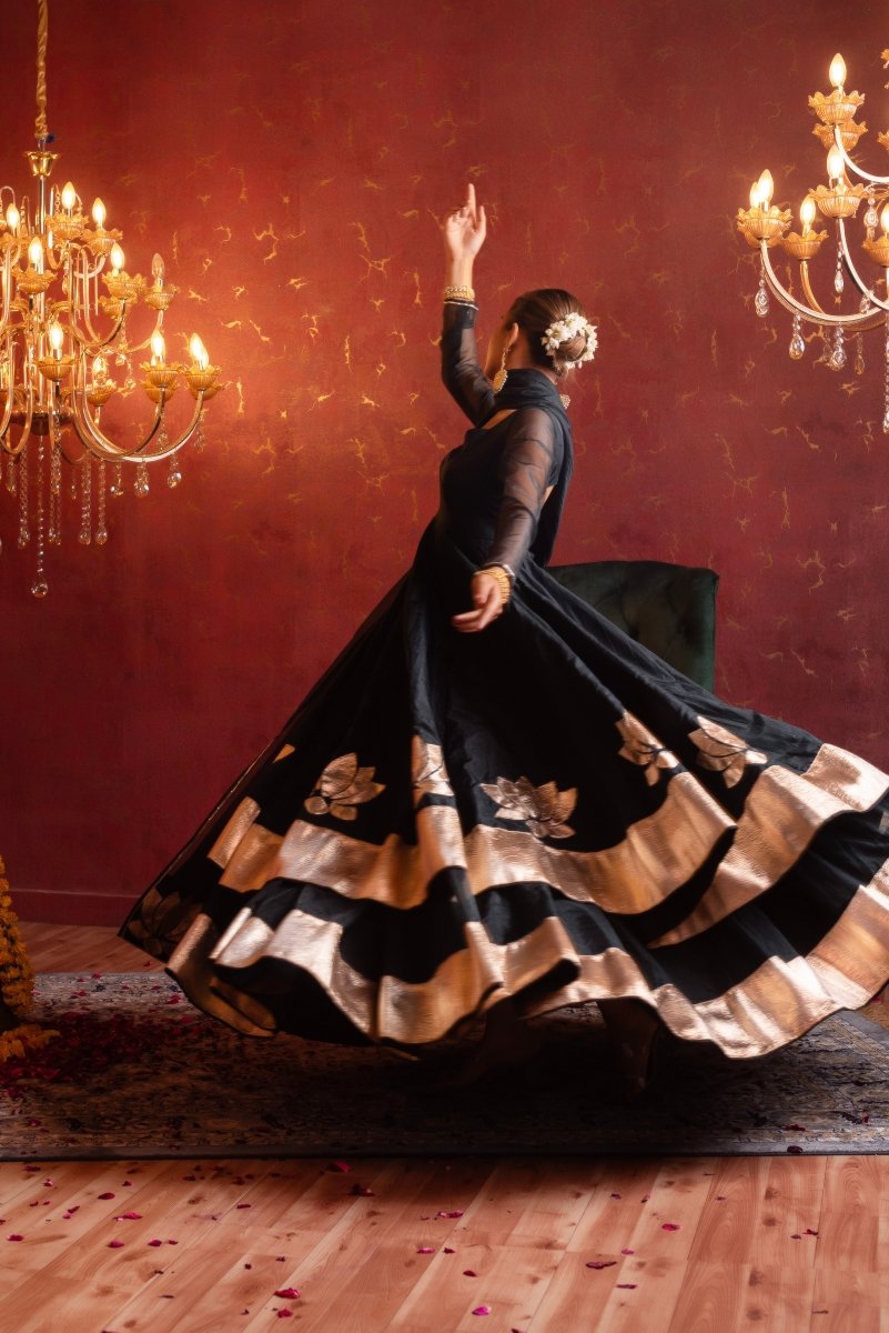 GULFIZAN BLACK GOLD MASTANI ORGANZA KALIDAR ANARKALI SUIT SET WITH ORGANZA DUPATTA - Pomcha Jaipur