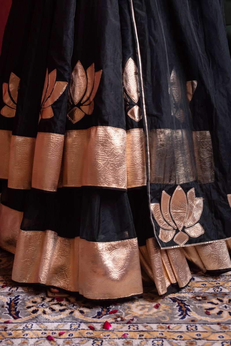 GULFIZAN BLACK GOLD MASTANI ORGANZA KALIDAR ANARKALI SUIT SET WITH ORGANZA DUPATTA - Pomcha Jaipur