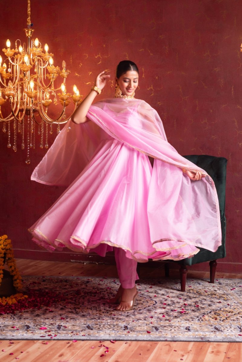 GULFIZAN BLUSH PINK ORGANZA ANARKALI SUIT SET WITH ORGANZA DUPATTA - Pomcha Jaipur