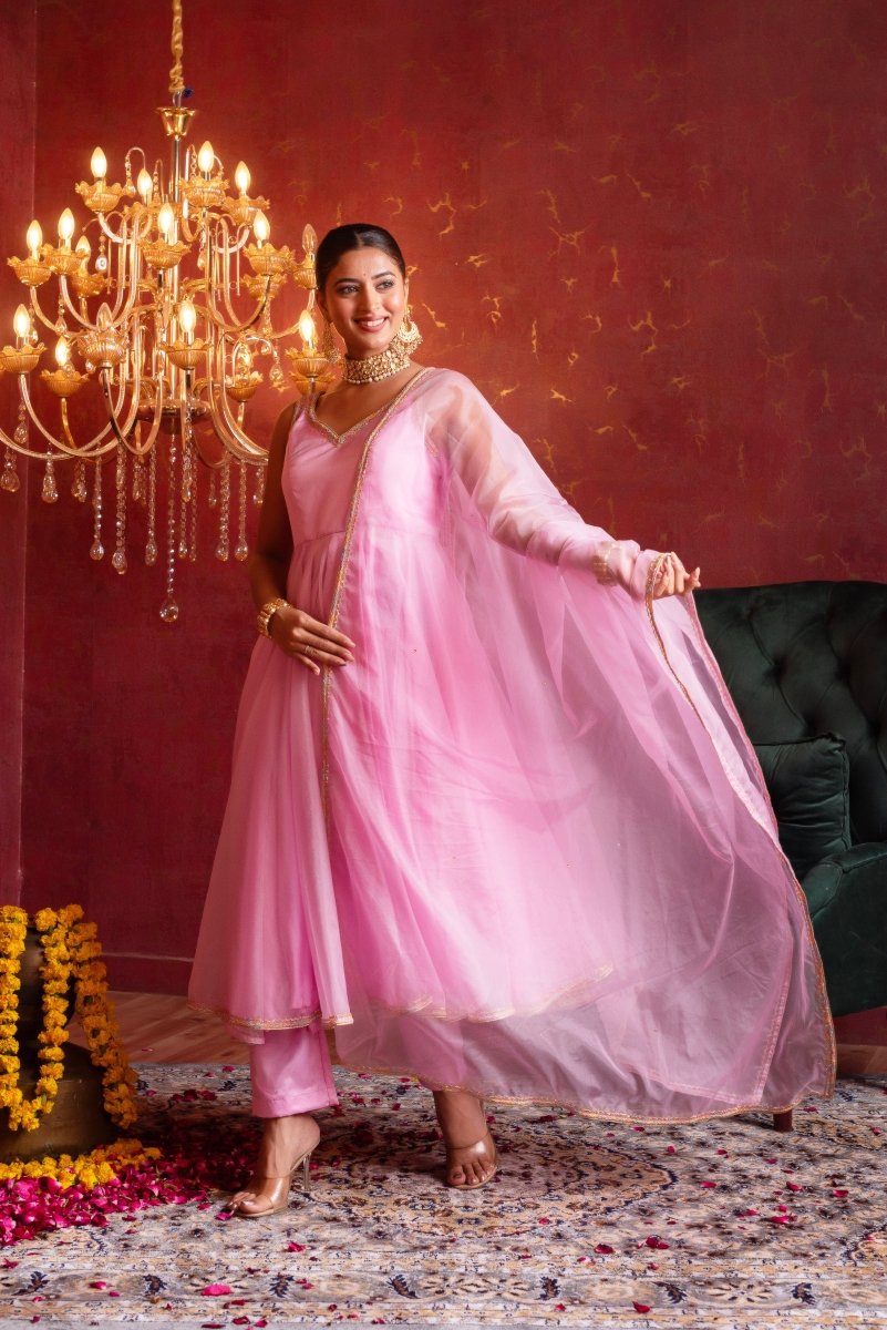 GULFIZAN BLUSH PINK ORGANZA ANARKALI SUIT SET WITH ORGANZA DUPATTA - Pomcha Jaipur