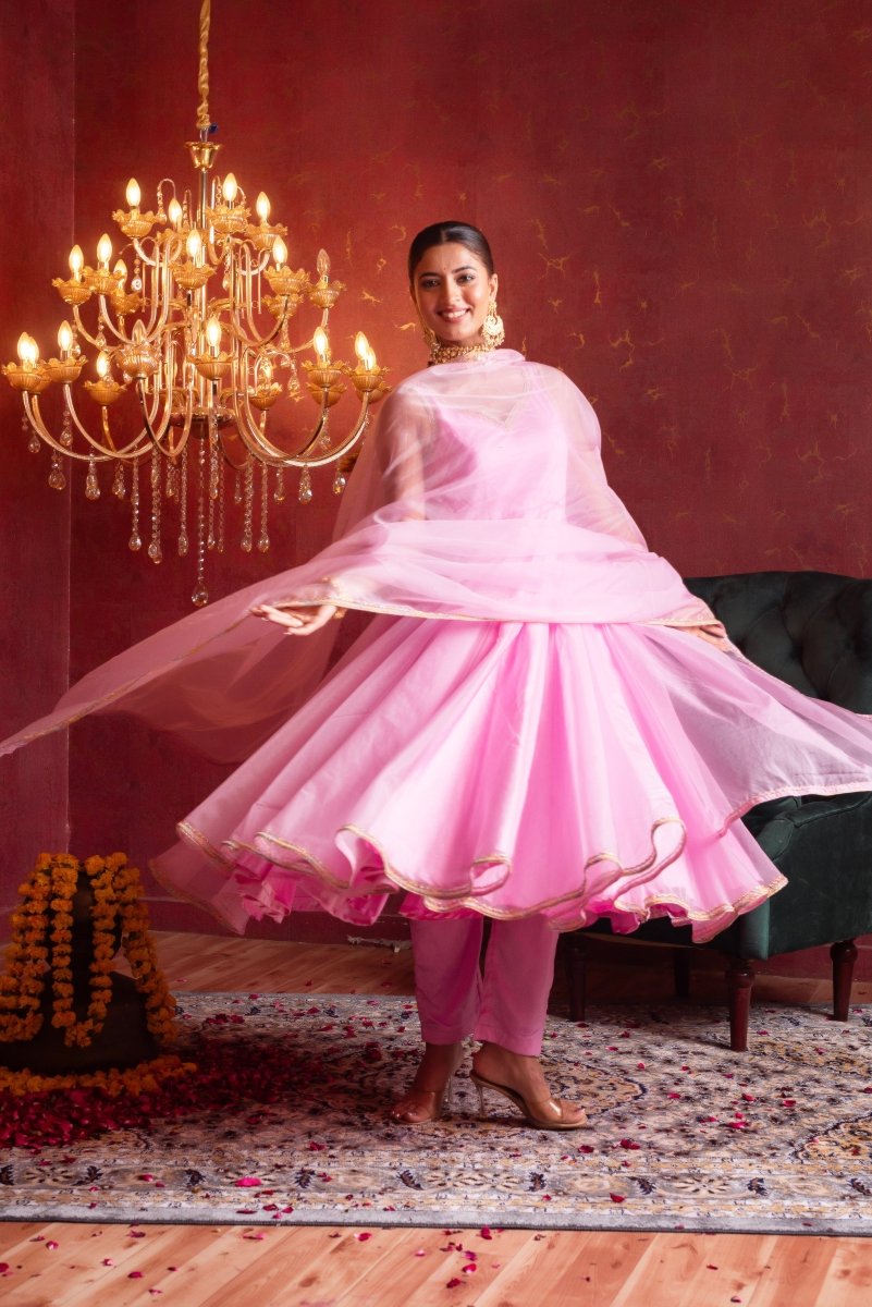 GULFIZAN BLUSH PINK ORGANZA ANARKALI SUIT SET WITH ORGANZA DUPATTA - Pomcha Jaipur