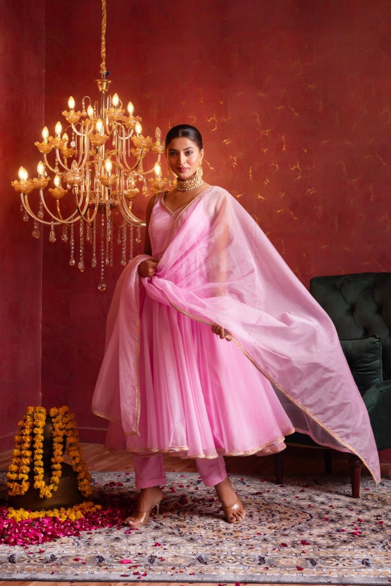 GULFIZAN BLUSH PINK ORGANZA ANARKALI SUIT SET WITH ORGANZA DUPATTA - Pomcha Jaipur