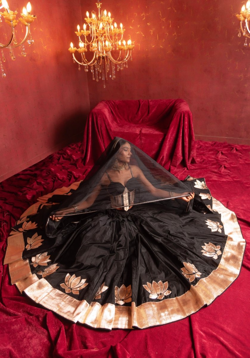 GULFIZAN BOLD BLACK ORGANZA LEHENGA WITH CORSET BLOUSE AND ORGANZA DUPATTA - Pomcha Jaipur