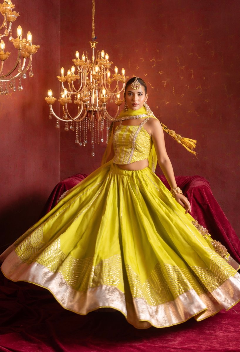 GULFIZAN CHAMKEELA LIME GOTA PATTI ORGANZA LEHENGA SET WITH ORGANZA DUPATTA - Pomcha Jaipur