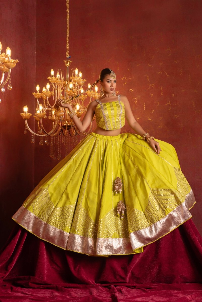 GULFIZAN CHAMKEELA LIME GOTA PATTI ORGANZA LEHENGA SET WITH ORGANZA DUPATTA - Pomcha Jaipur