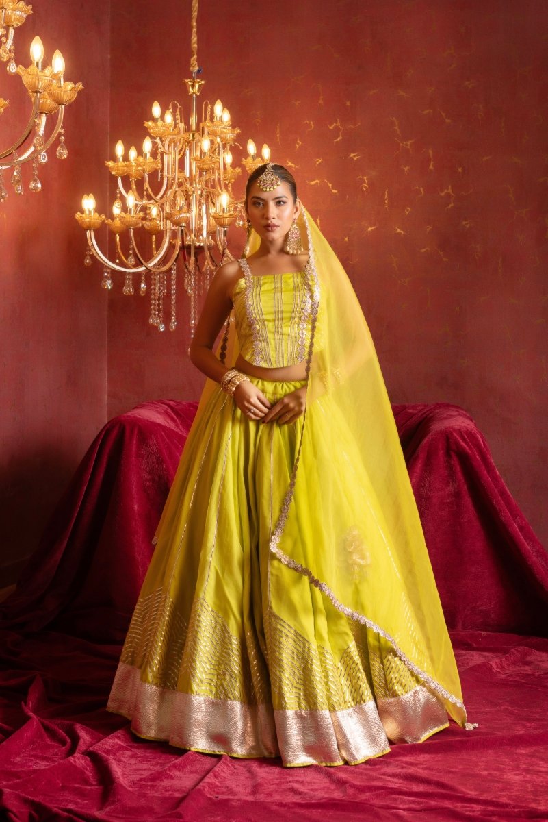 GULFIZAN CHAMKEELA LIME GOTA PATTI ORGANZA LEHENGA SET WITH ORGANZA DUPATTA - Pomcha Jaipur