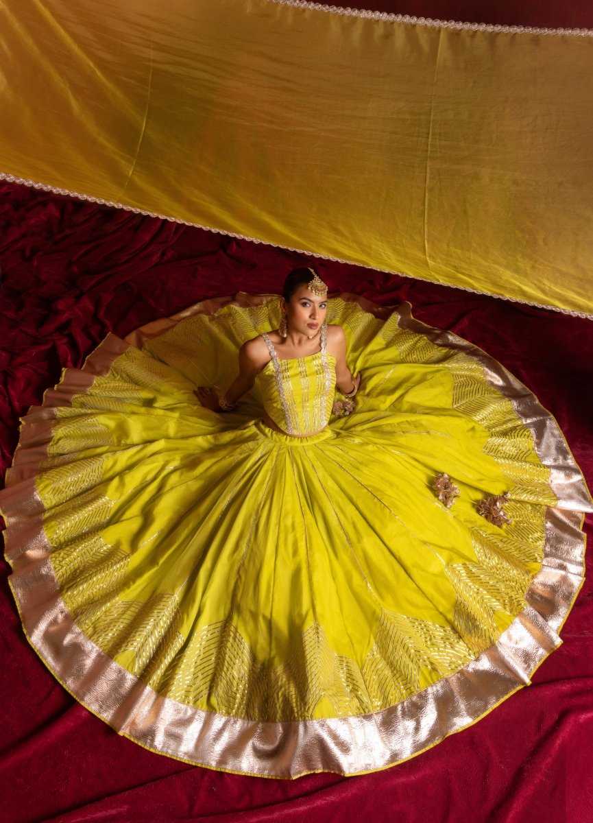 GULFIZAN CHAMKEELA LIME GOTA PATTI ORGANZA LEHENGA SET WITH ORGANZA DUPATTA - Pomcha Jaipur