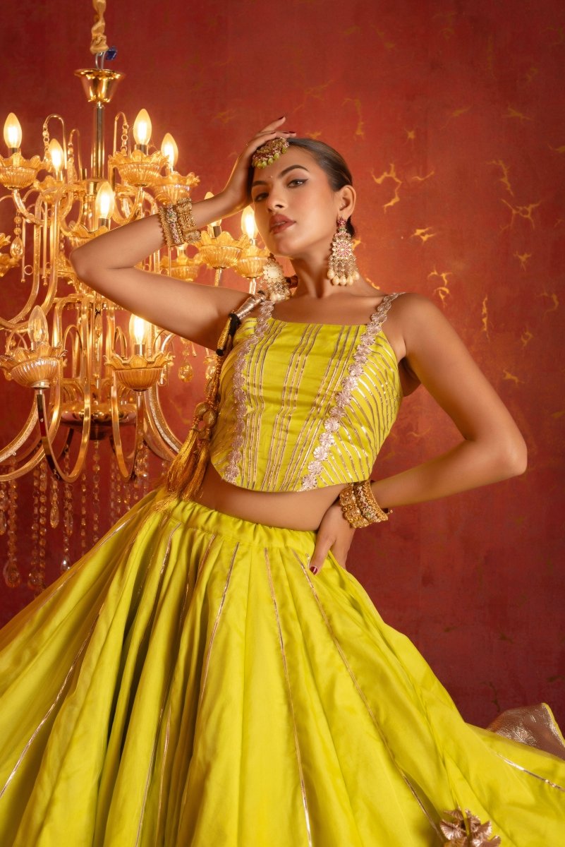 GULFIZAN CHAMKEELA LIME GOTA PATTI ORGANZA LEHENGA SET WITH ORGANZA DUPATTA - Pomcha Jaipur
