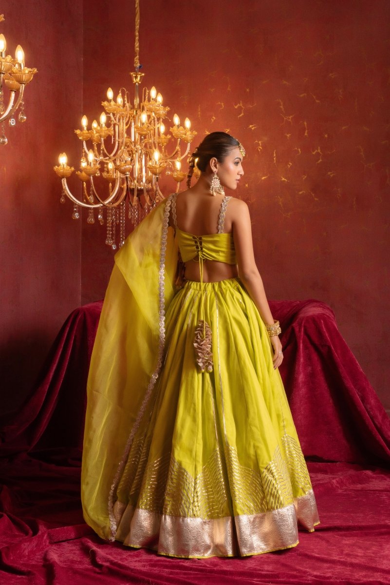 GULFIZAN CHAMKEELA LIME GOTA PATTI ORGANZA LEHENGA SET WITH ORGANZA DUPATTA - Pomcha Jaipur