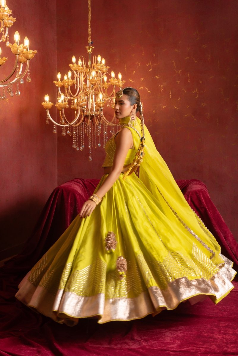 GULFIZAN CHAMKEELA LIME GOTA PATTI ORGANZA LEHENGA SET WITH ORGANZA DUPATTA - Pomcha Jaipur