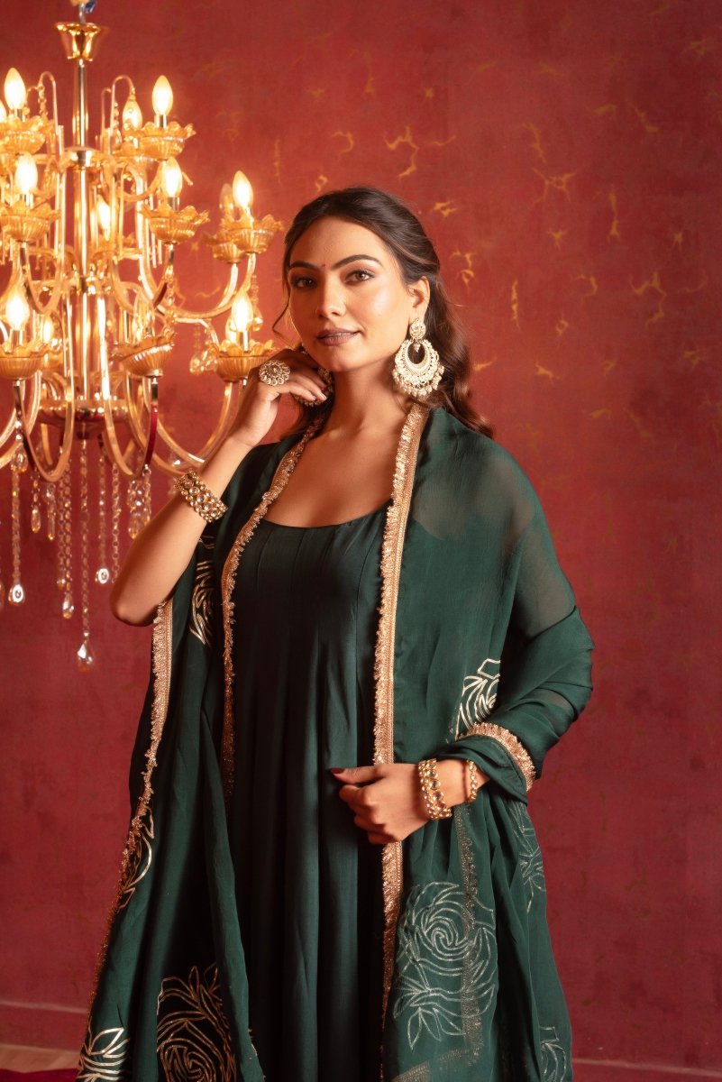 GULFIZAN GOLD ROSE EMERALD GOTA PATTI ANARKALI SET WITH ORGANZA DUPATTA - Pomcha Jaipur