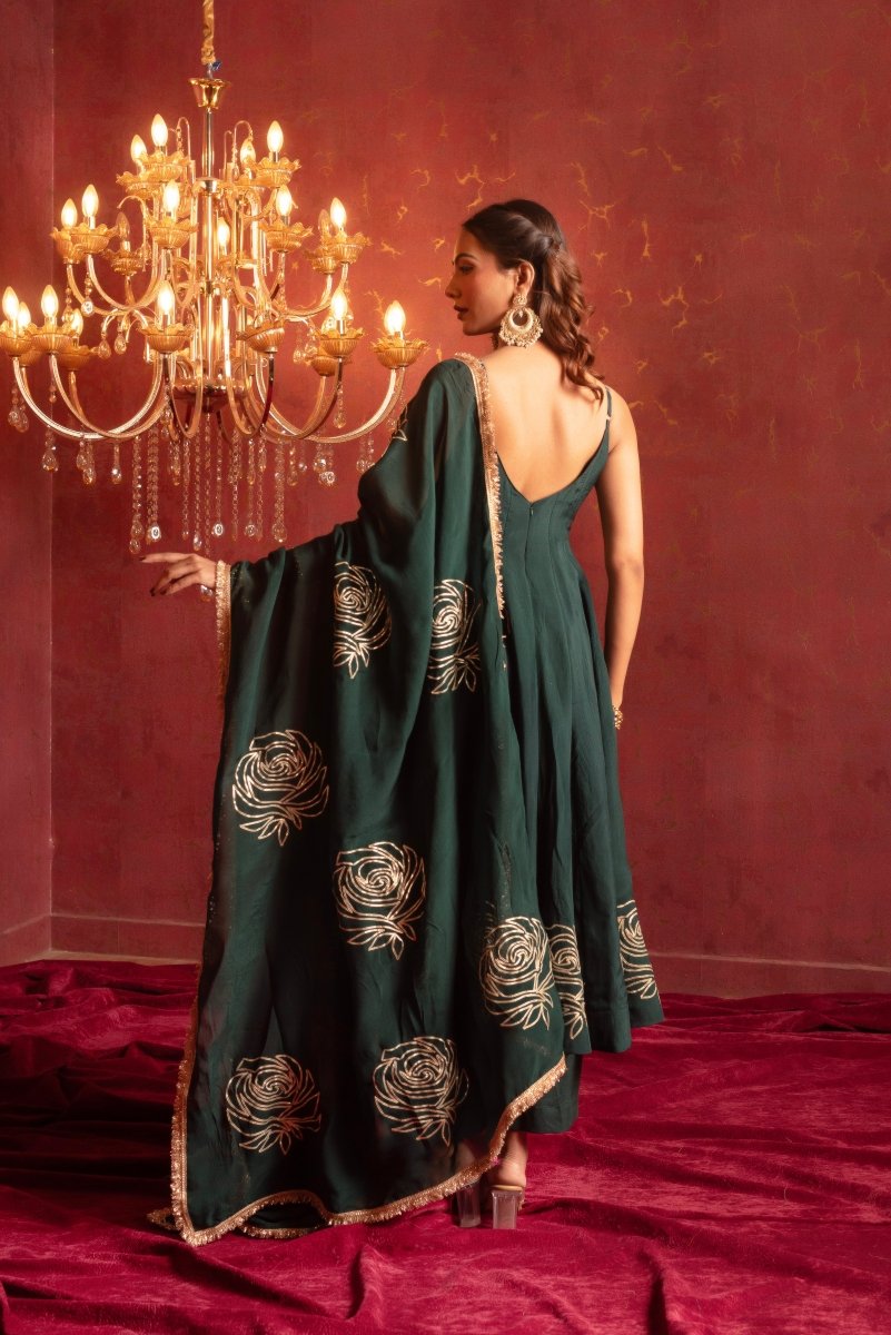 GULFIZAN GOLD ROSE EMERALD GOTA PATTI ANARKALI SET WITH ORGANZA DUPATTA - Pomcha Jaipur