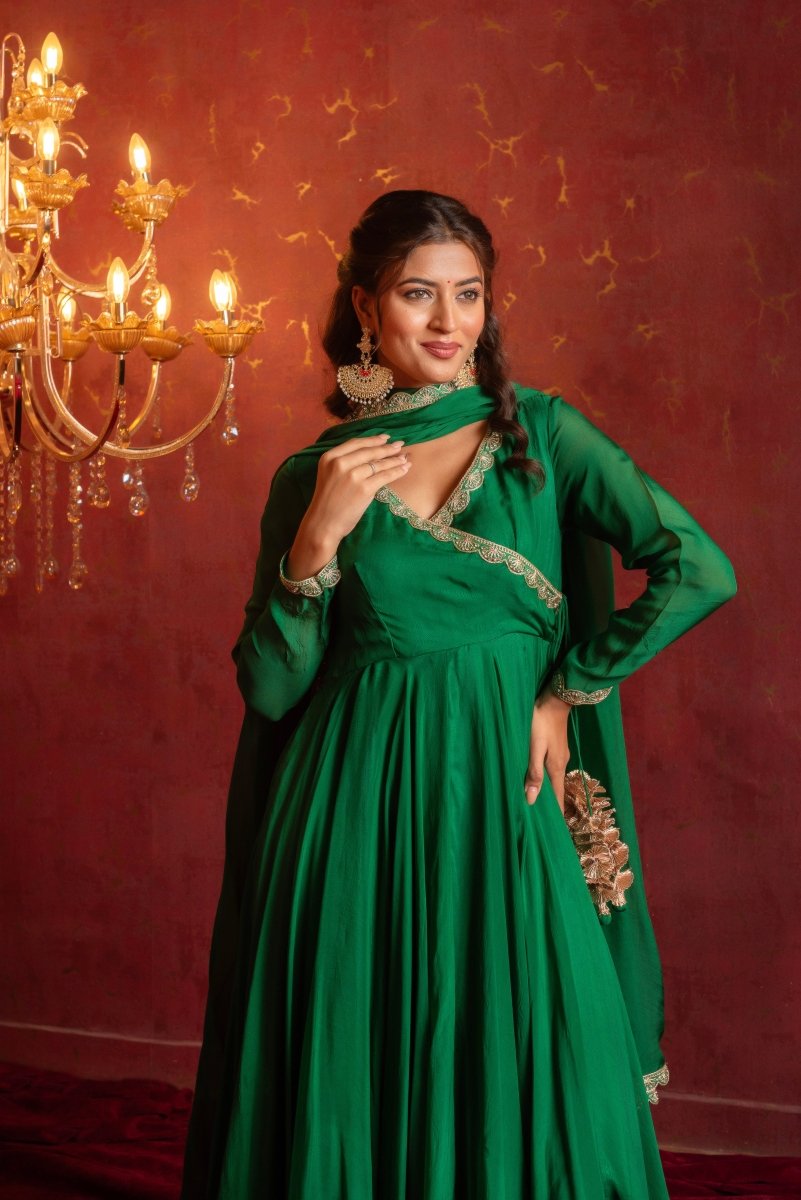 GULFIZAN HARIYALI GREEN ORGANZA ANGRAKHA SET WITH ORGANZA DUPATTA - Pomcha Jaipur