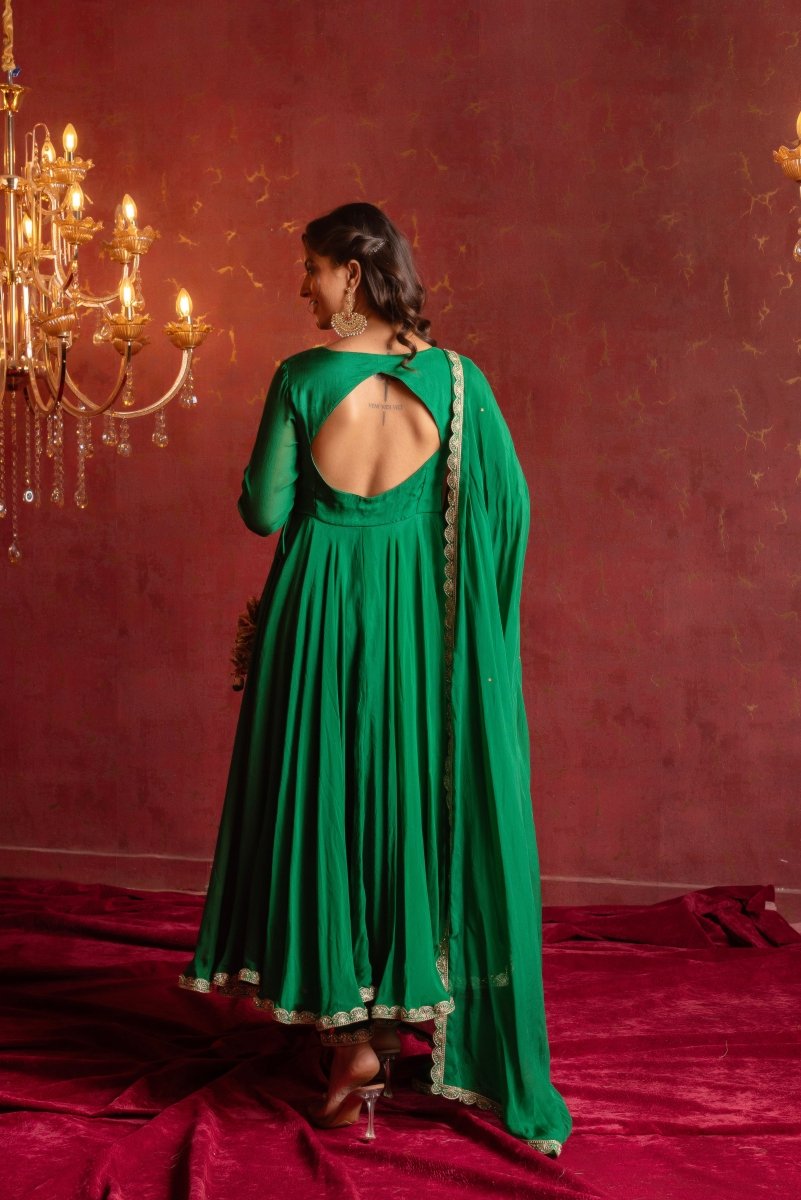 GULFIZAN HARIYALI GREEN ORGANZA ANGRAKHA SET WITH ORGANZA DUPATTA - Pomcha Jaipur